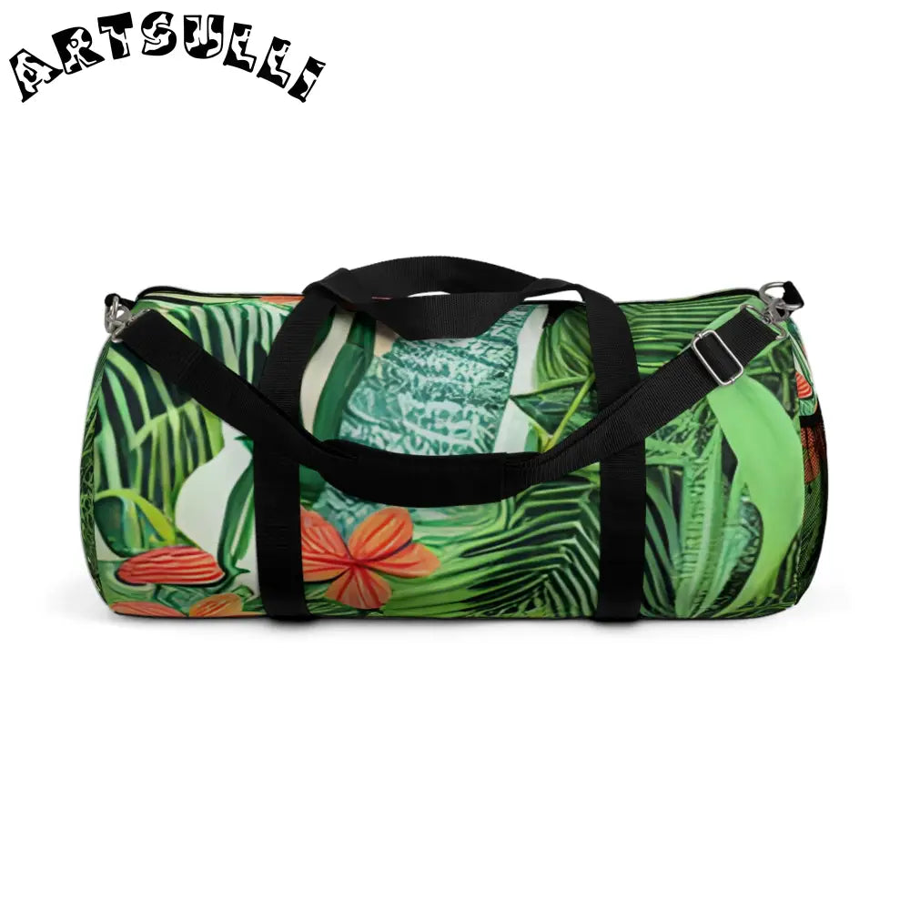 JAKKOUTTHEBXX Tropical Leaf and Flower Print Duffel Bags with Black