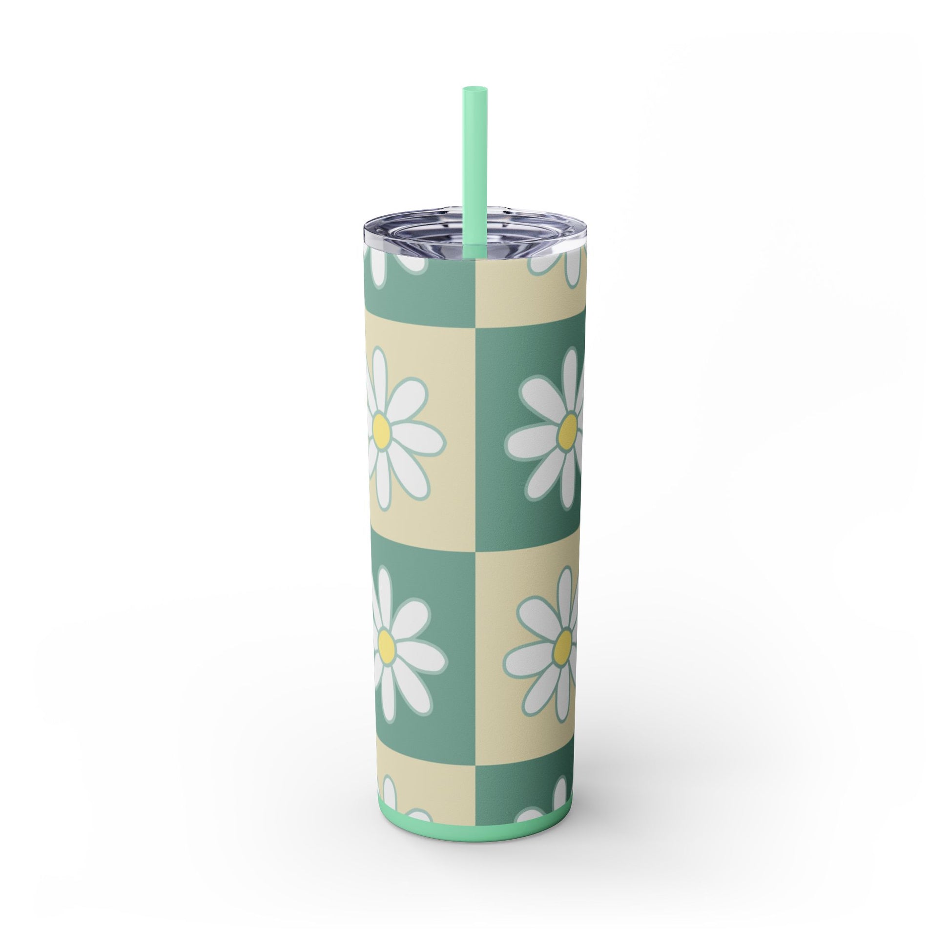 Retro Daisy Checkerboard Green and Tan Skinny Tumbler with Straw, 20oz, Artsulli - Art is Long, Life is Short, Mug, Finish, Glossy, Color, Mint, Size, 20oz, 29370548536395703824