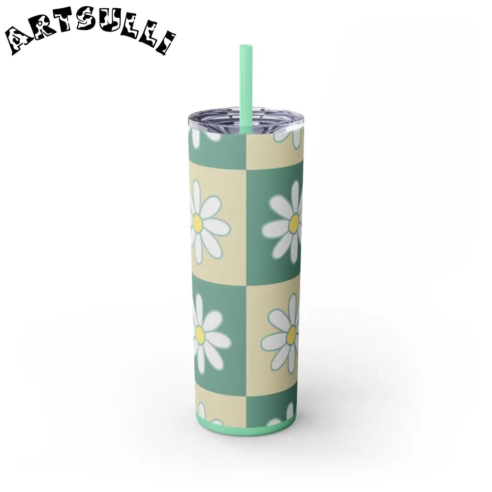 JAKKOUTTHEBXX Retro Daisy Checkerboard Green and Tan Skinny Tumbler