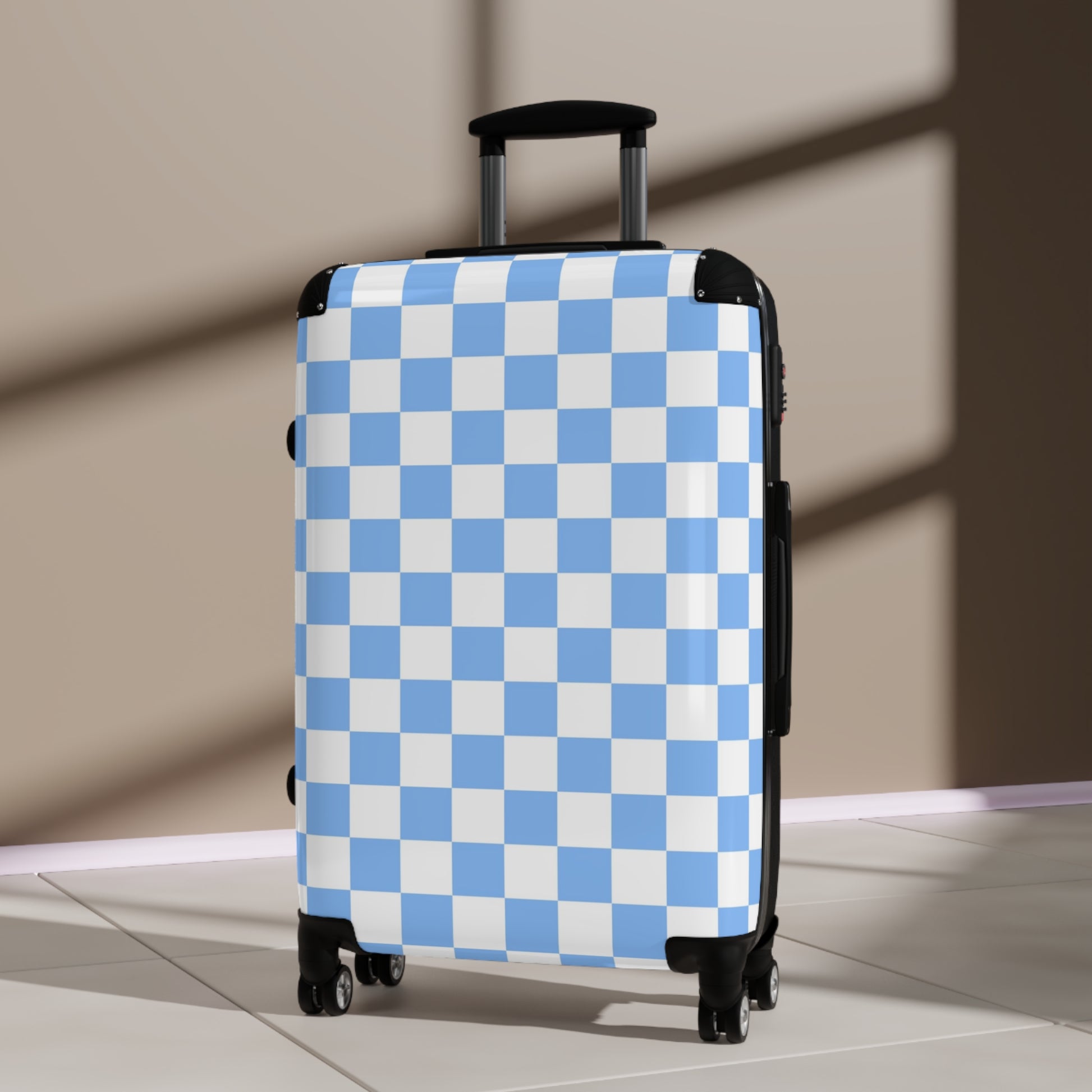 Checkerboard White and Light Blue Suitcase, Artsulli - Art is Long, Life is Short, Bags, , , , , , , 