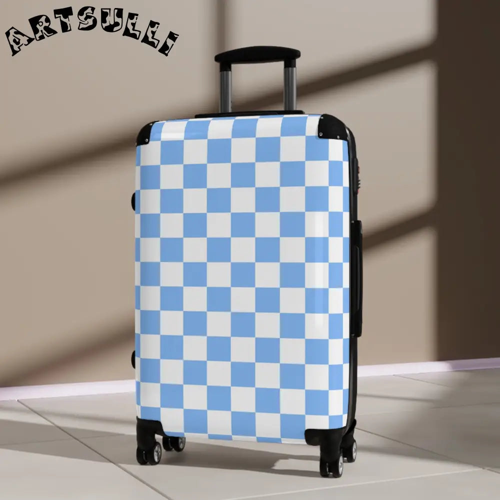 JAKKOUTTHEBXX Checkerboard White and Light Blue Suitcase