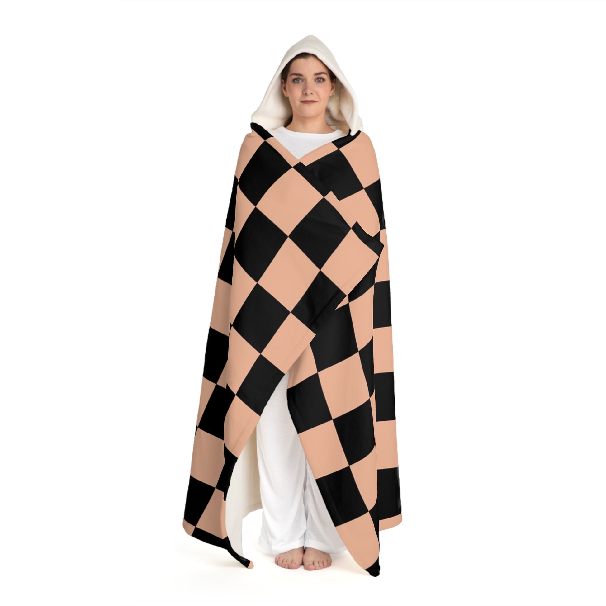 Checkerboard Soft Orange and Black Hooded Sherpa Fleece Blanket, Artsulli - Art is Long, Life is Short, All Over Prints, , , , , , , 