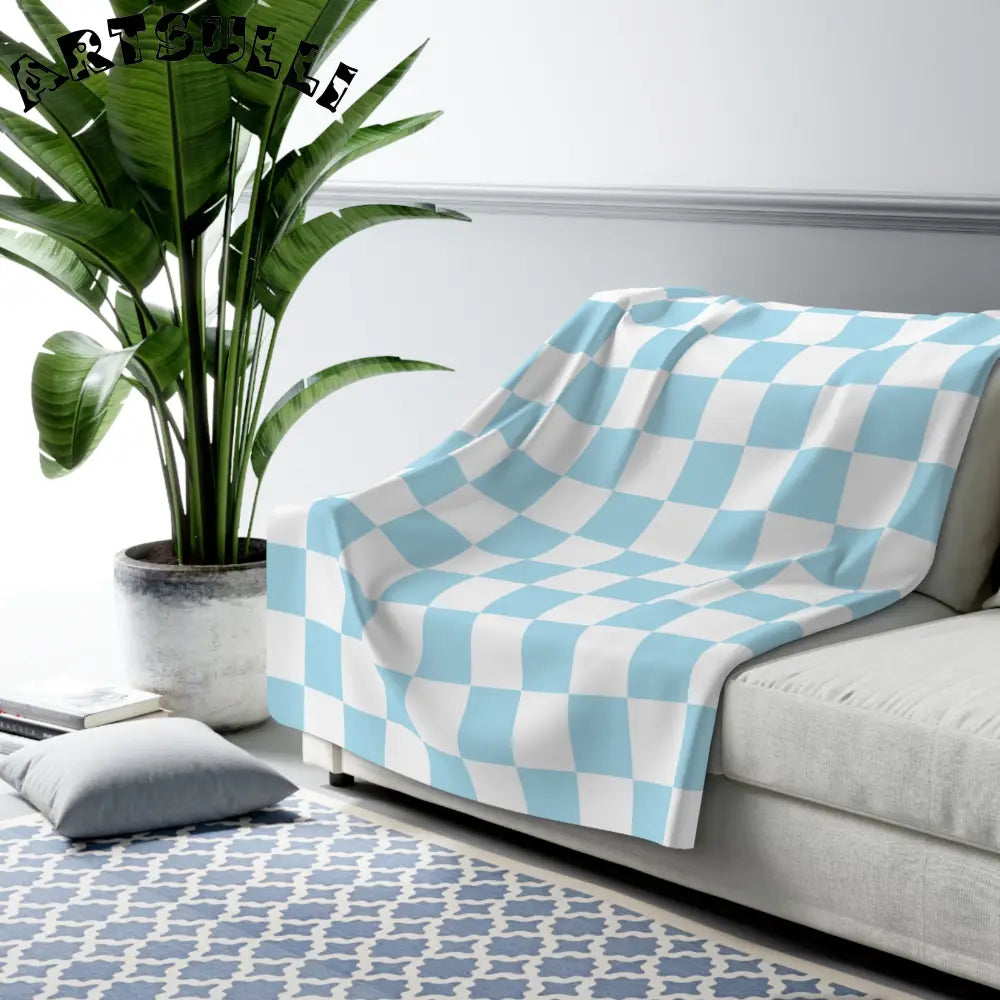 JAKKOUTTHEBXX Checkerboard Sky Blue Sherpa Fleece Blanket