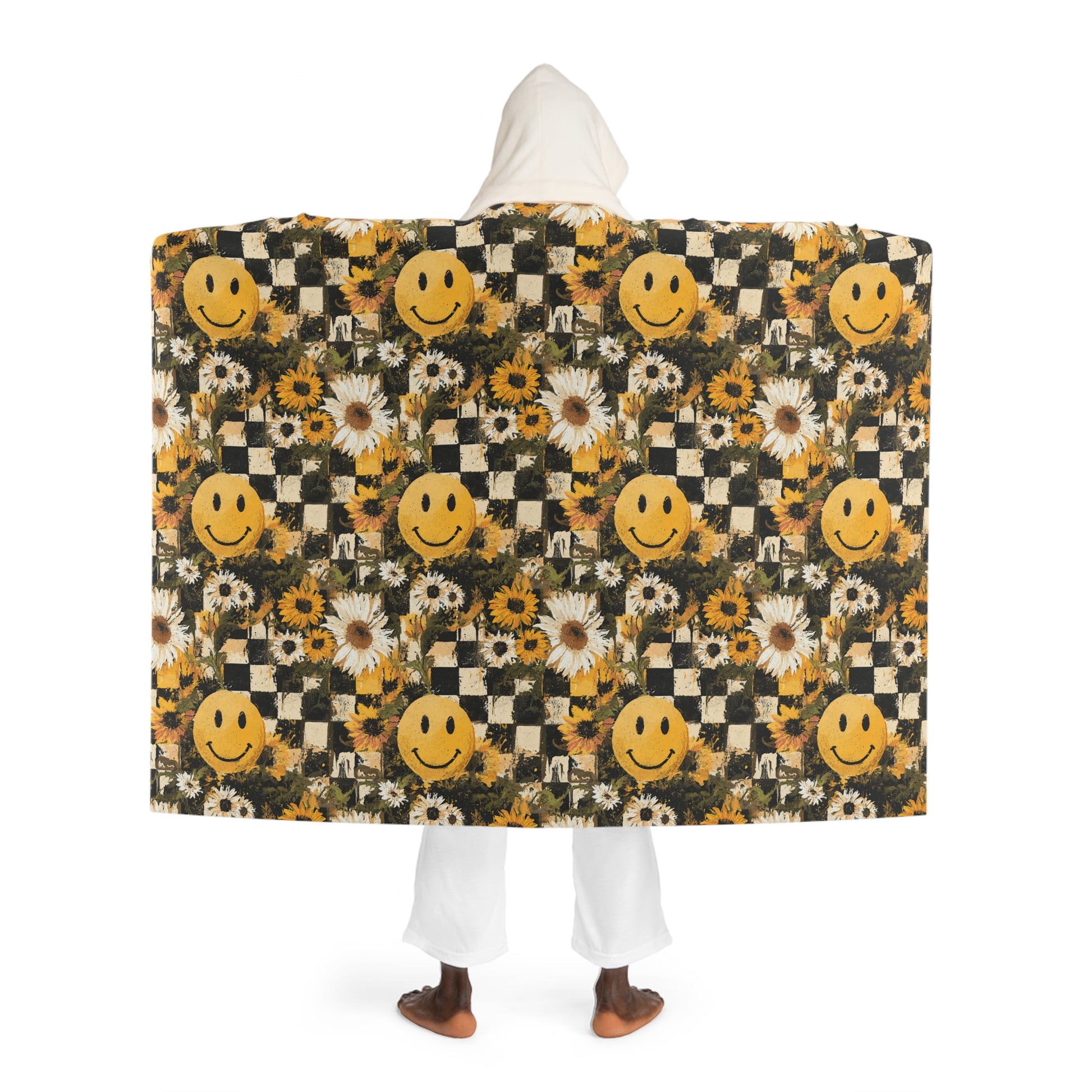 Smiley Face x Checkerboard x Sunflowers x Trippy x Vintage II Black and Yellow Hooded Sherpa Fleece Blanket, Artsulli - Art is Long, Life is Short, All Over Prints, , , , , , , 