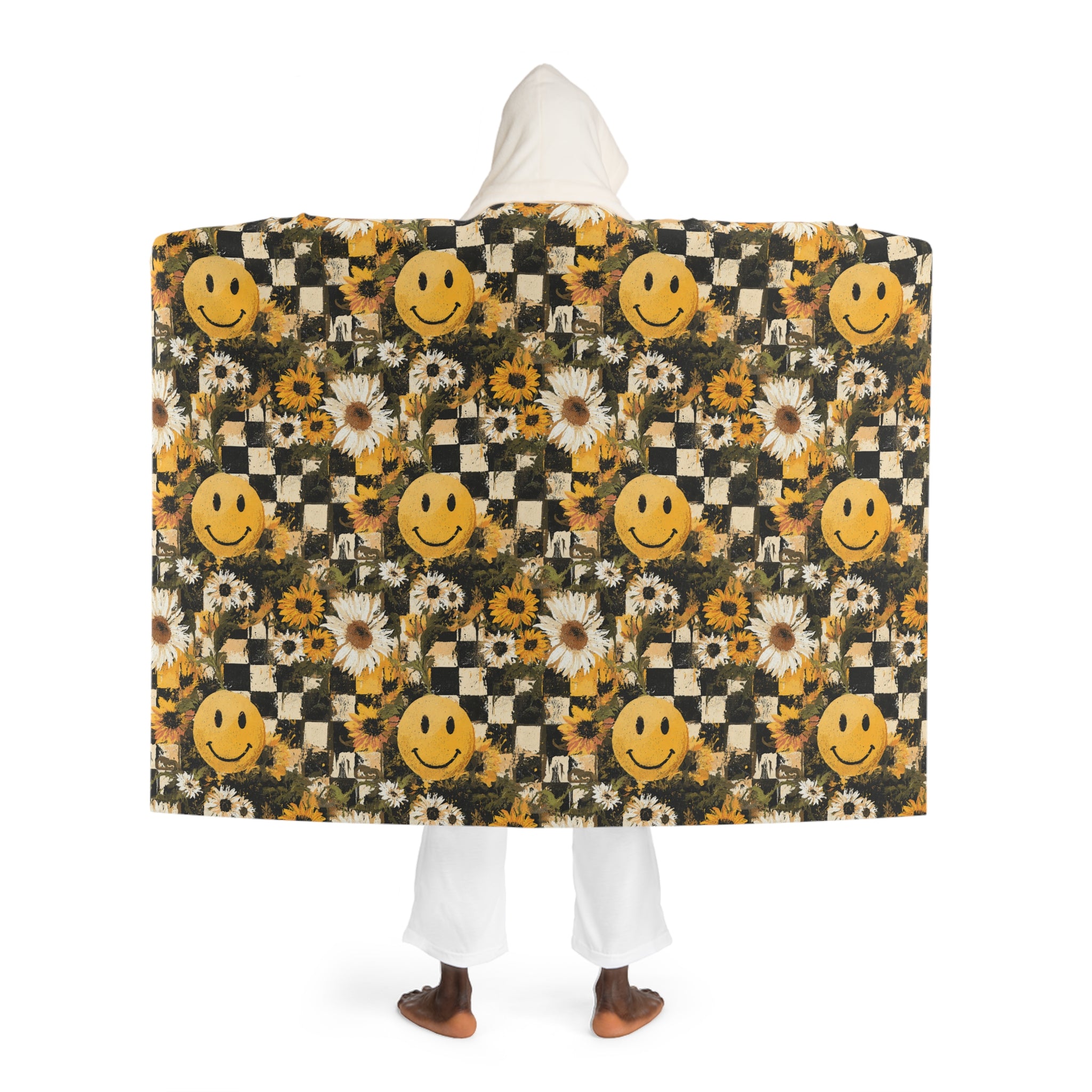 Smiley Face x Checkerboard x Sunflowers x Trippy x Vintage II Black and Yellow Hooded Sherpa Fleece Blanket, Artsulli - Art is Long, Life is Short, All Over Prints, , , , , , , 