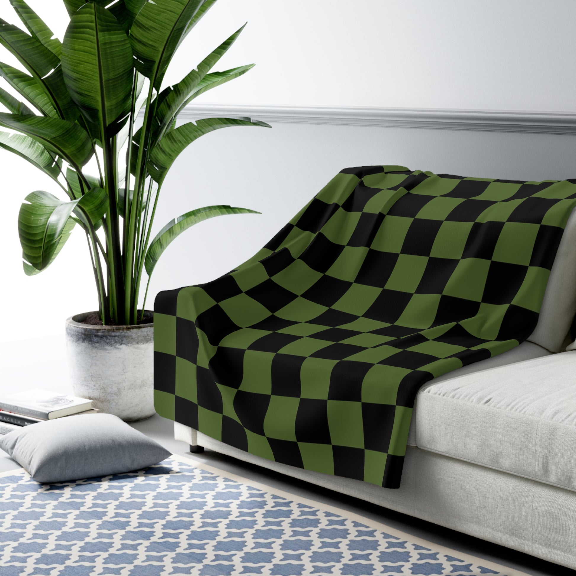 Checkerboard Olive Green and Black Sherpa Fleece Blanket, Artsulli - Art is Long, Life is Short, Home Decor, , , , , , , 