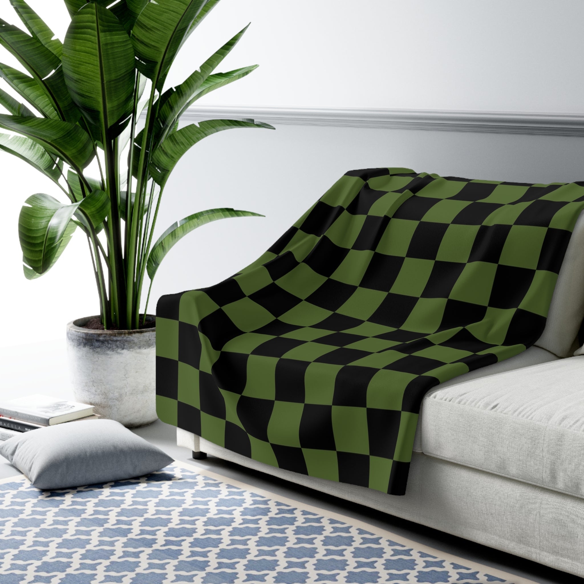 Checkerboard Olive Green and Black Sherpa Fleece Blanket, Artsulli - Art is Long, Life is Short, Home Decor, , , , , , , 