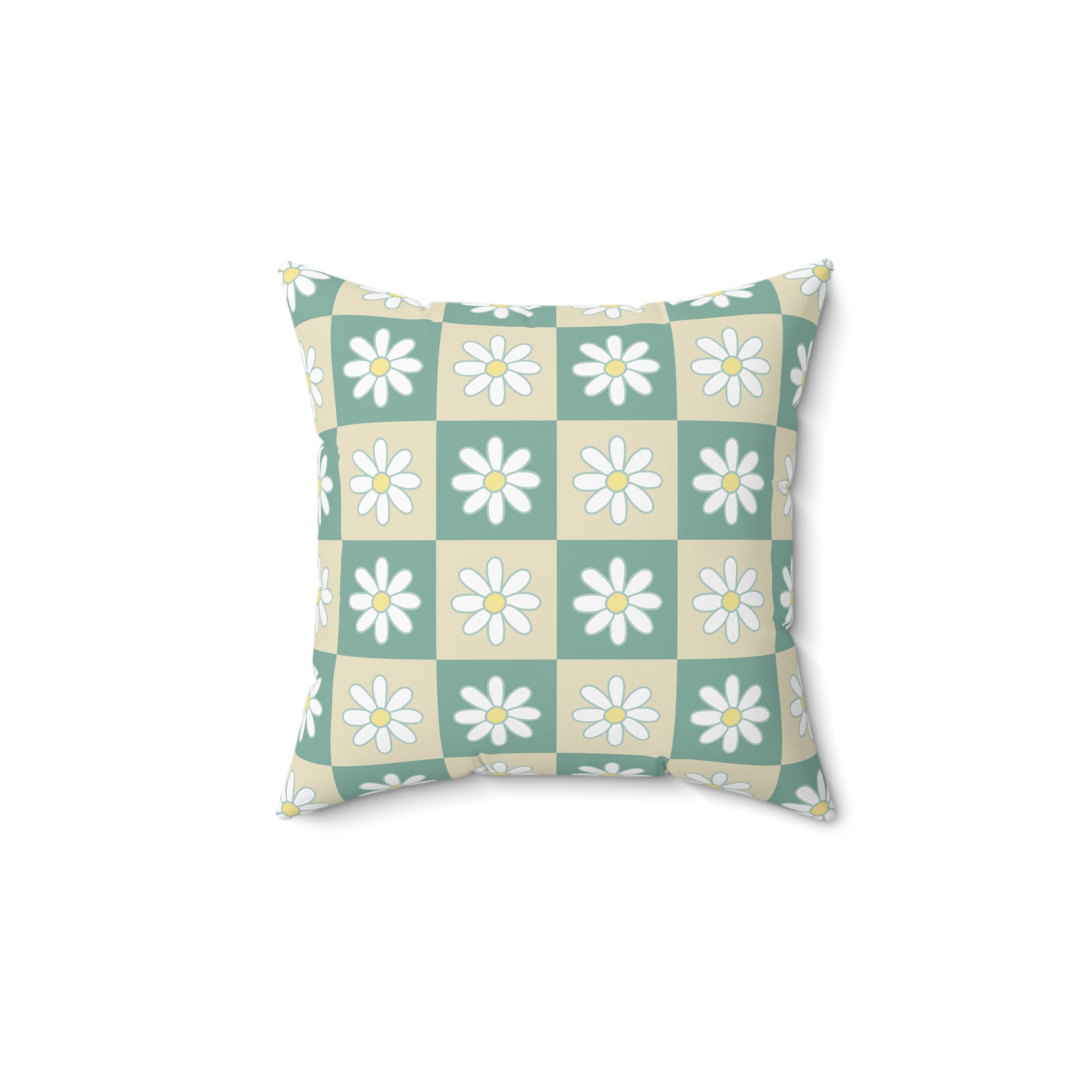 Retro Daisy Checkerboard Green and Tan Spun Polyester Square Pillow, Artsulli - Art is Long, Life is Short, Home Decor, Size, 14" × 14", , , , , 75281353359813305295