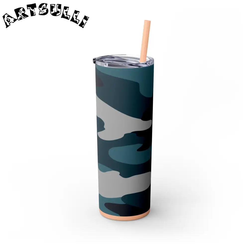 JAKKOUTTHEBXX Blue Camouflage Skinny Tumbler with Straw 20oz