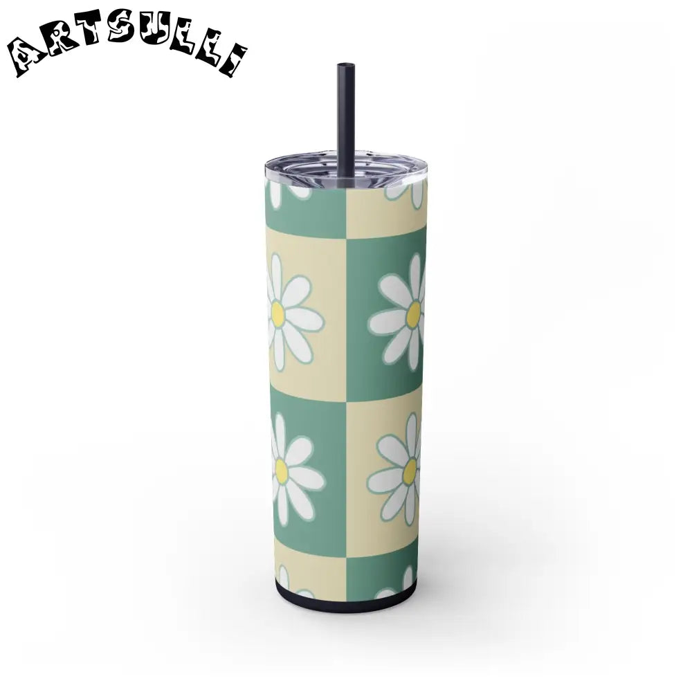 JAKKOUTTHEBXX Retro Daisy Checkerboard Green and Tan Skinny Tumbler