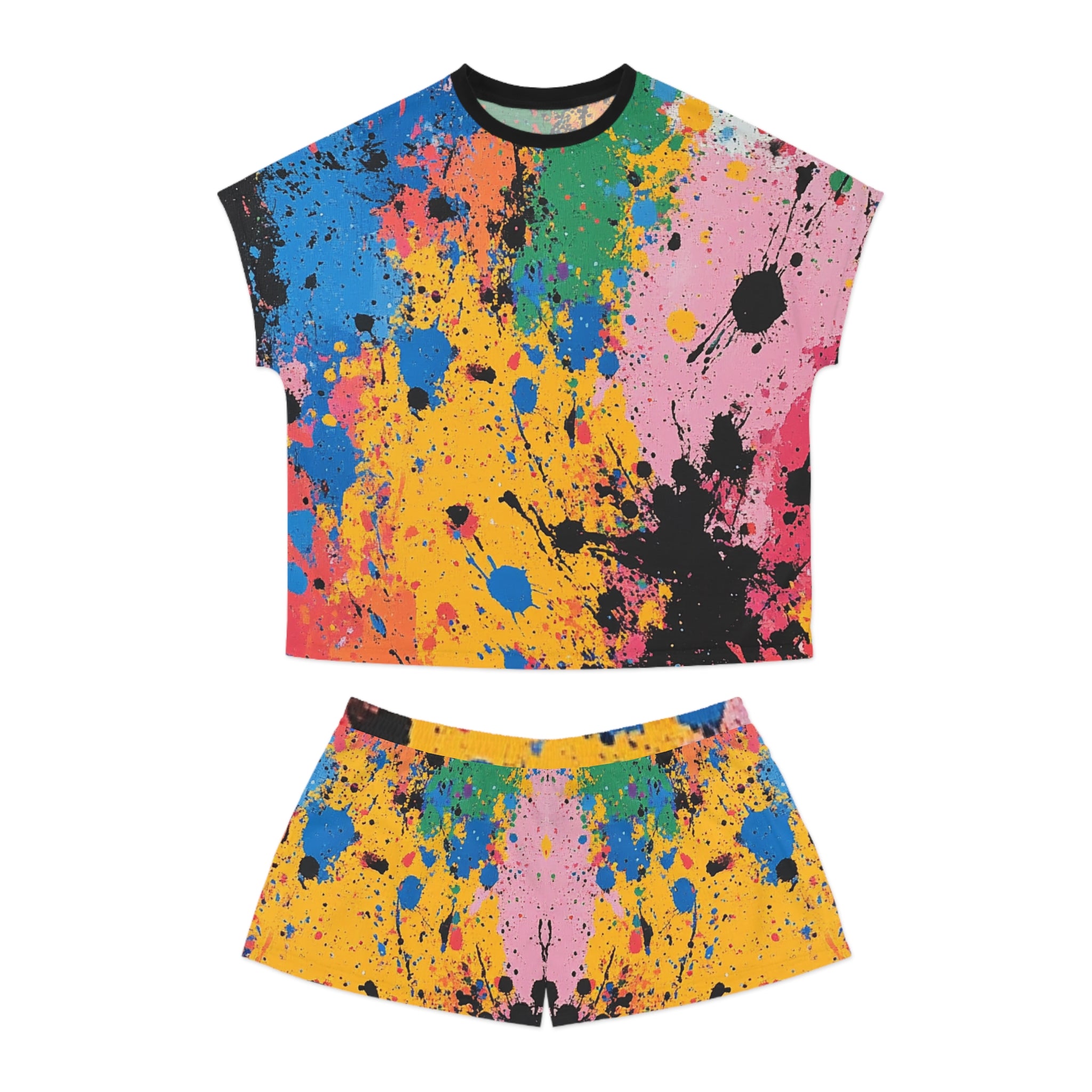 The Colors Of Paint Splatter Women's Short Pajama Set (AOP), Artsulli - Art is Long, Life is Short, All Over Prints, Size, S, Color, Black, , , 12872301105669
