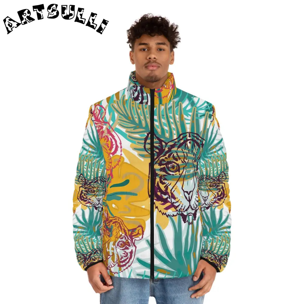 JAKKOUTTHEBXX Tropical Jungle Tigers Green and Brown Men’s Puffer
