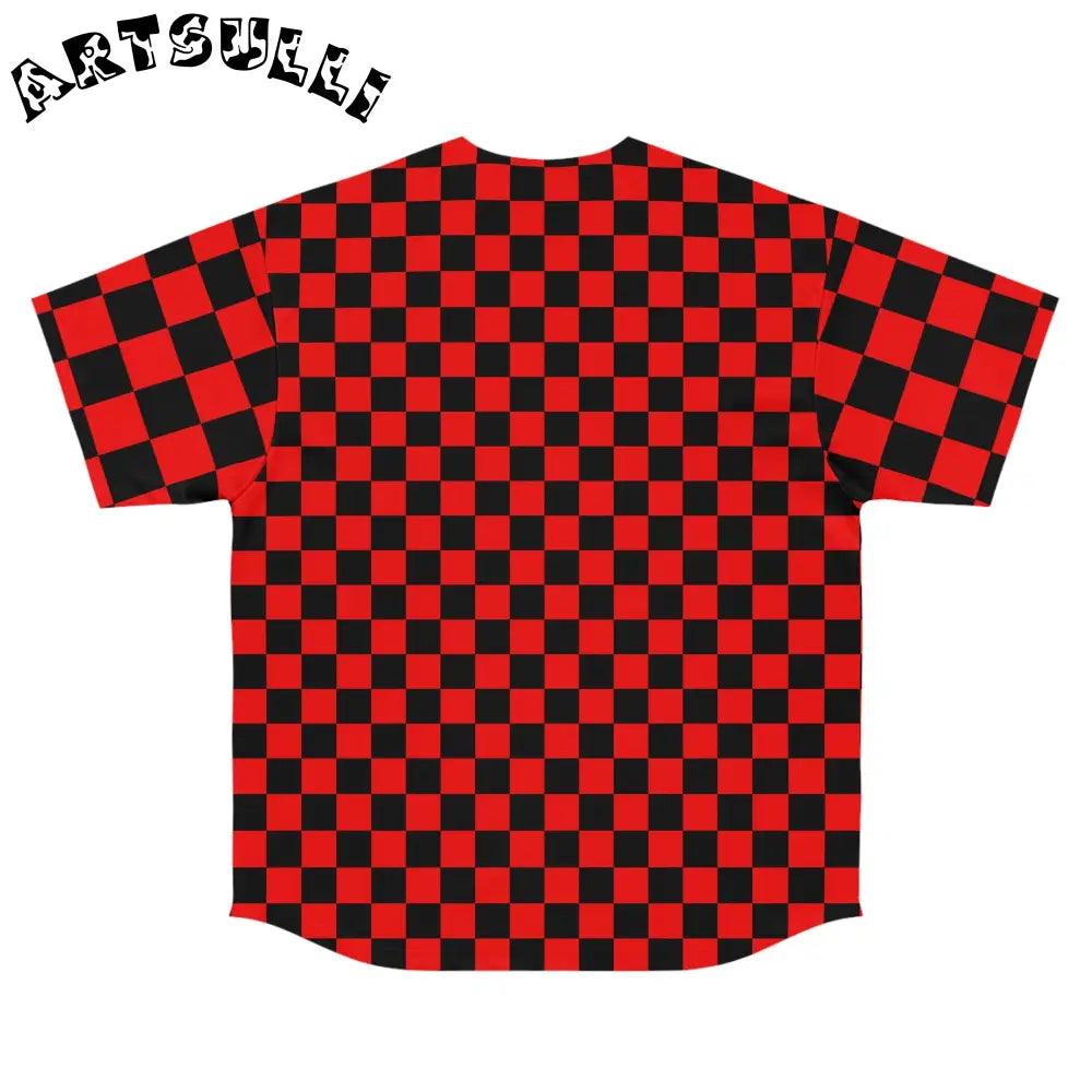 JAKKOUTTHEBXX Checkerboard II Red and Black Men’s Baseball Jersey