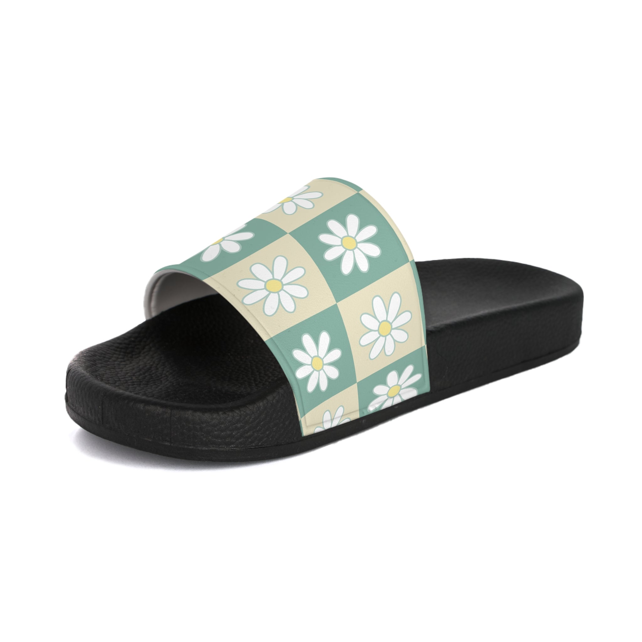 Retro Daisy Checkerboard Green and Tan Women's Slide Sandals, Artsulli - Art is Long, Life is Short, Shoes, , , , , , , 