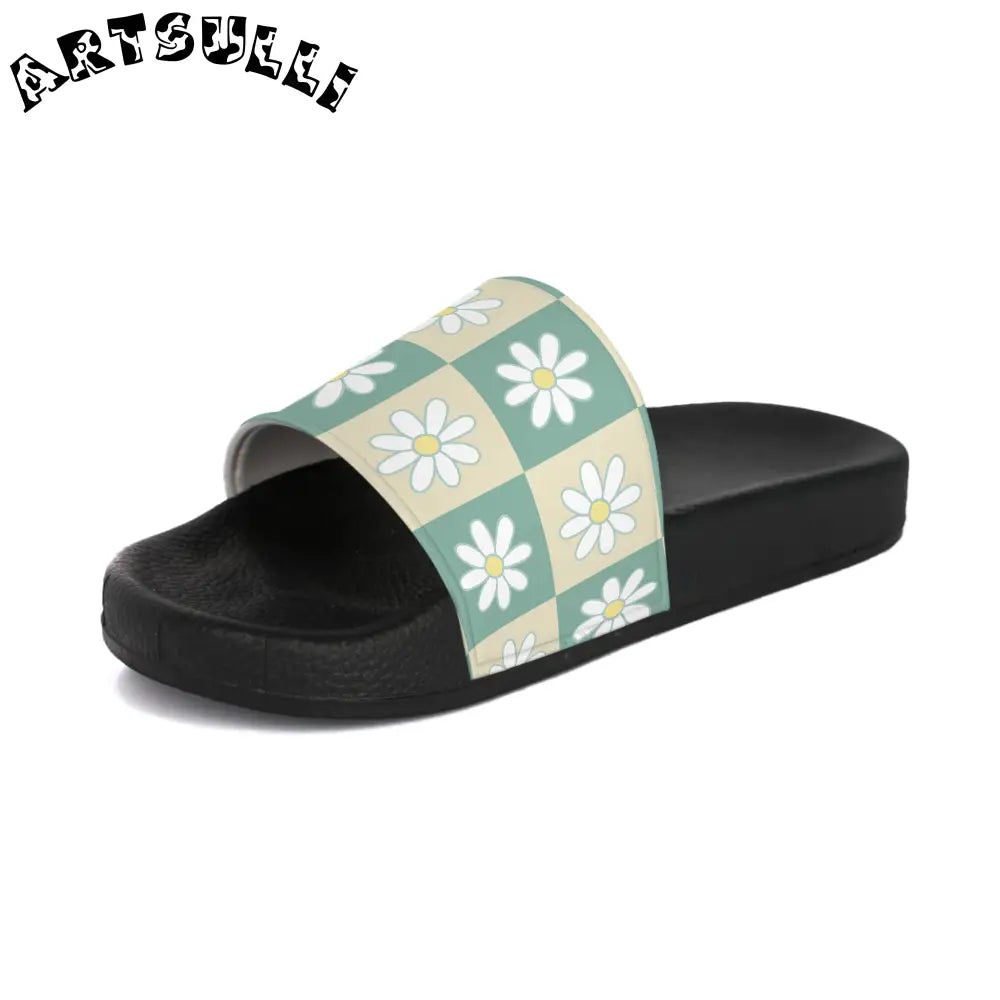 JAKKOUTTHEBXX Retro Daisy Checkerboard Green and Tan Women’s Slide