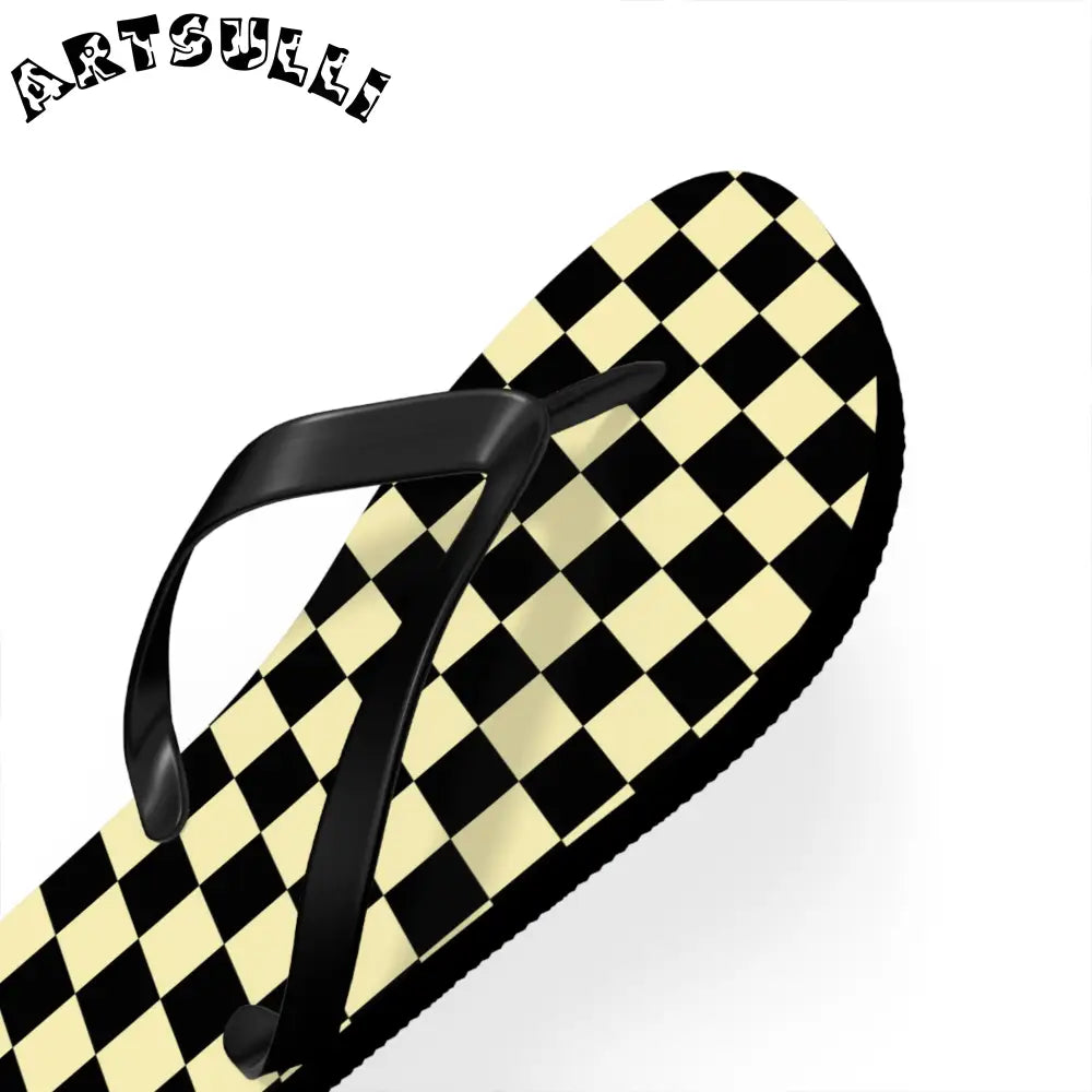 JAKKOUTTHEBXX Checkerboard Black and Yellow Flip Flops JAKKOUTTHEBXX