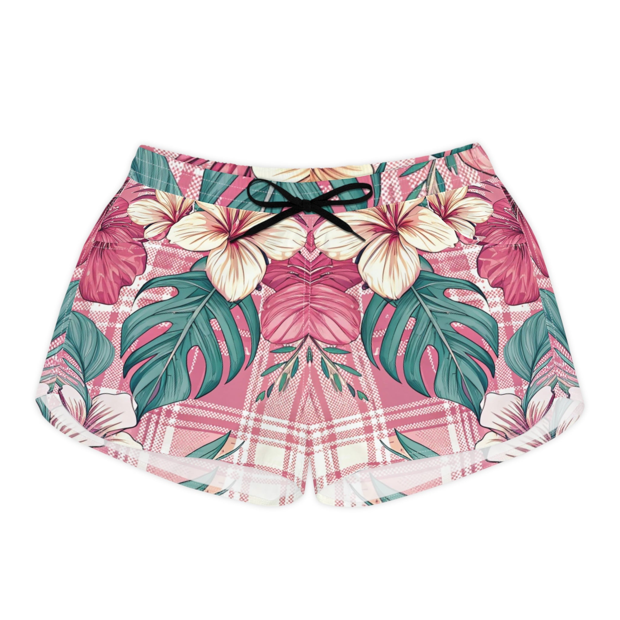 Plaid x Floral Burgundy and GreenWomen's Casual Shorts (AOP), Artsulli - Art is Long, Life is Short, All Over Prints, Size, S, Color, Black drawstring, , , 95174262851452
