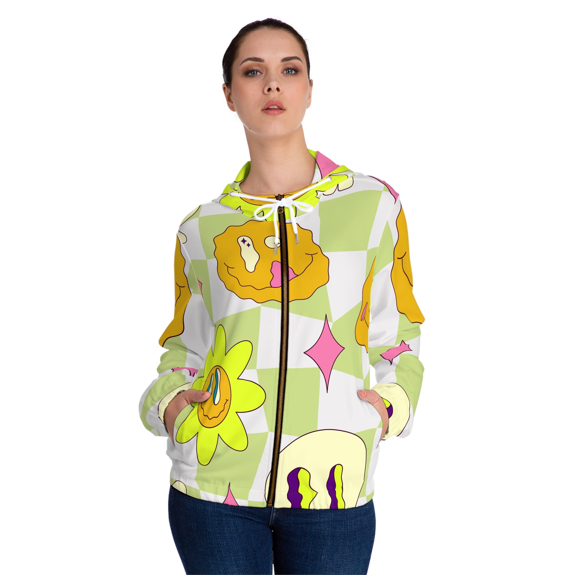 Sunflower x Checkerboard Trippy Women’s Full-Zip Hoodie (AOP), Artsulli - Art is Long, Life is Short, All Over Prints, , , , , , , 