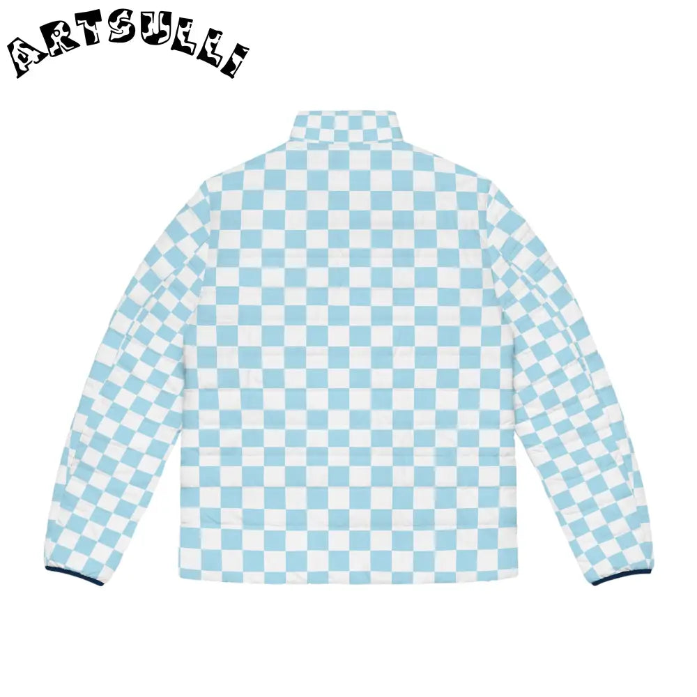 JAKKOUTTHEBXX Checkerboard Sky Blue Men’s Puffer Jacket (AOP)
