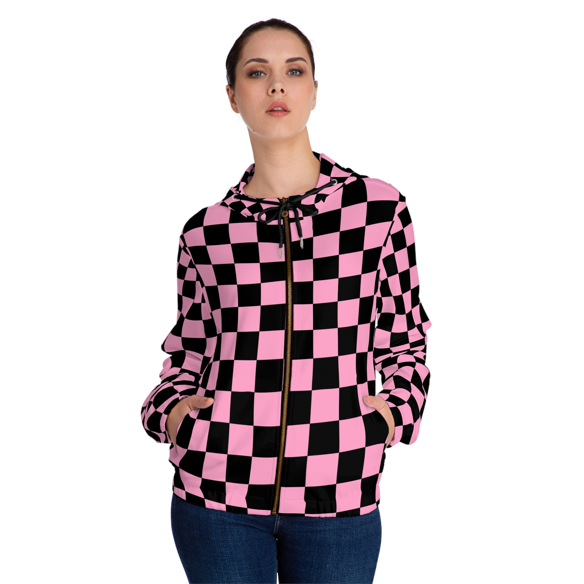 Checkerboard Black and Pink Women’s Full-Zip Hoodie (AOP), Artsulli - Art is Long, Life is Short, All Over Prints, , , , , , , 