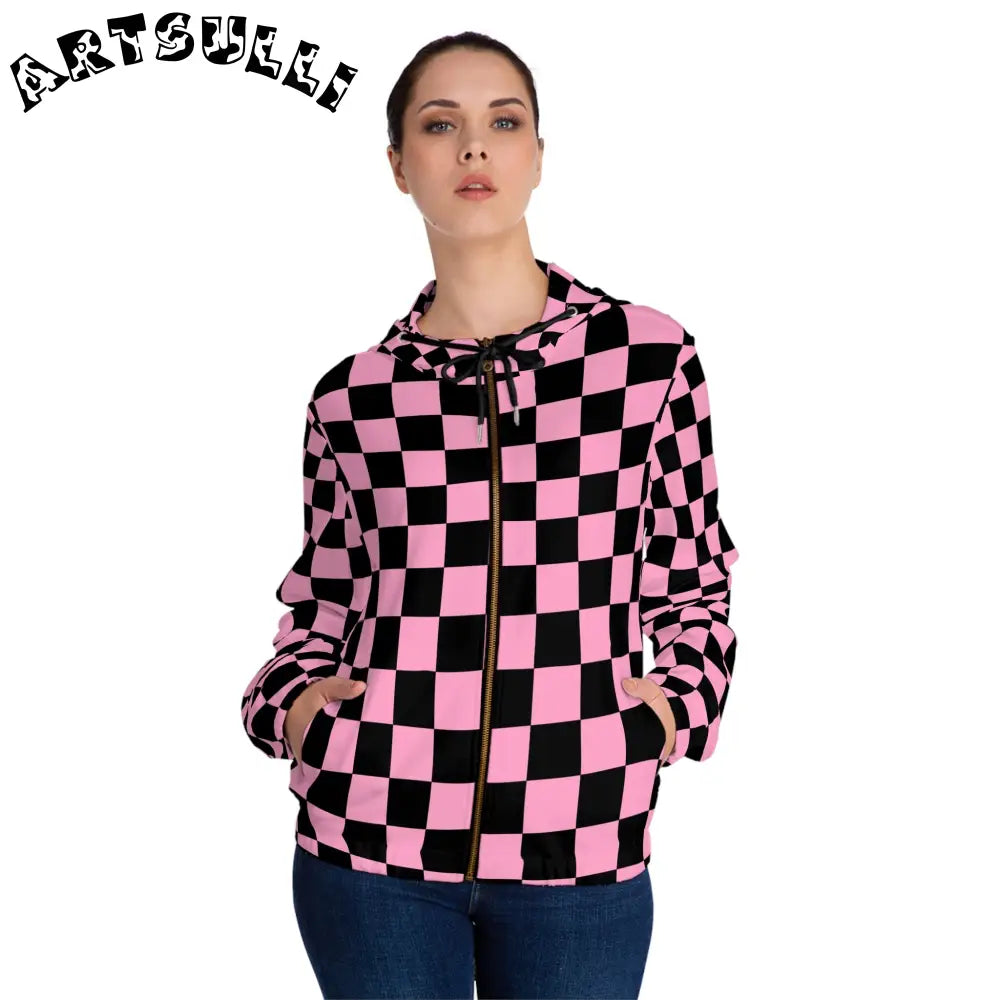 JAKKOUTTHEBXX Checkerboard Black and Pink Women’s Full-Zip Hoodie