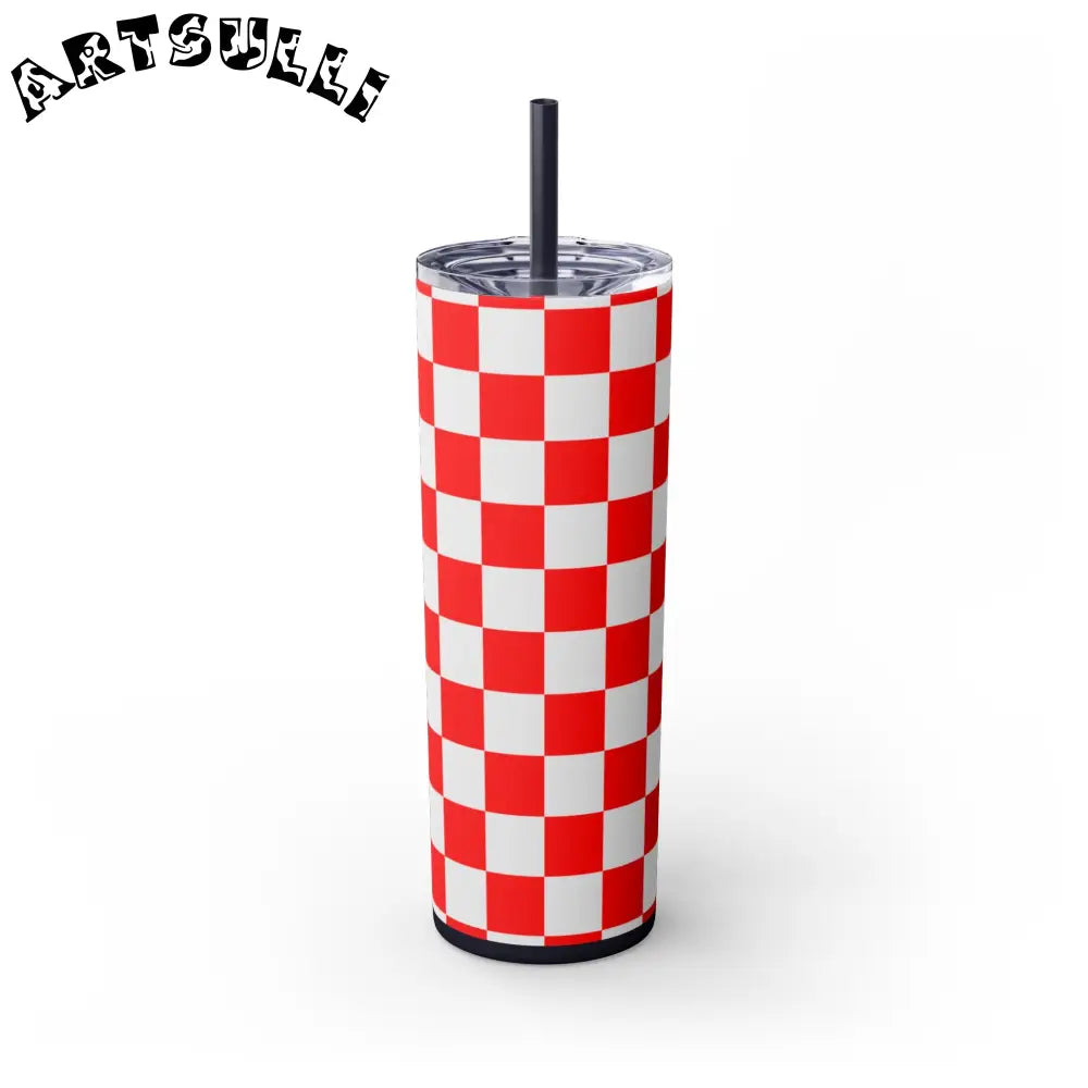 JAKKOUTTHEBXX Checkerboard Red and White Skinny Tumbler with Straw
