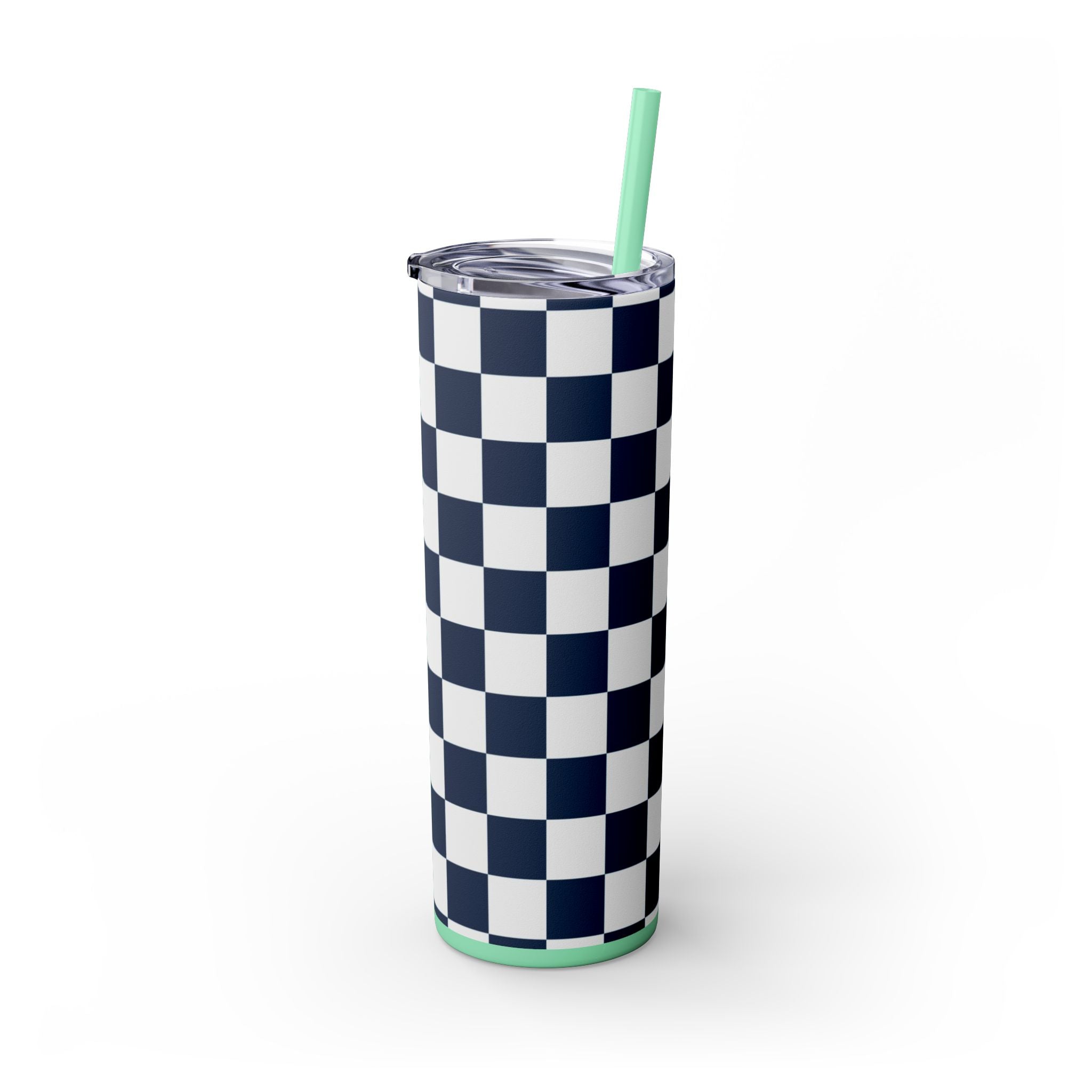 Checkerboard White and Navy Blue Skinny Tumbler with Straw, 20oz, Artsulli - Art is Long, Life is Short, Mug, , , , , , , 