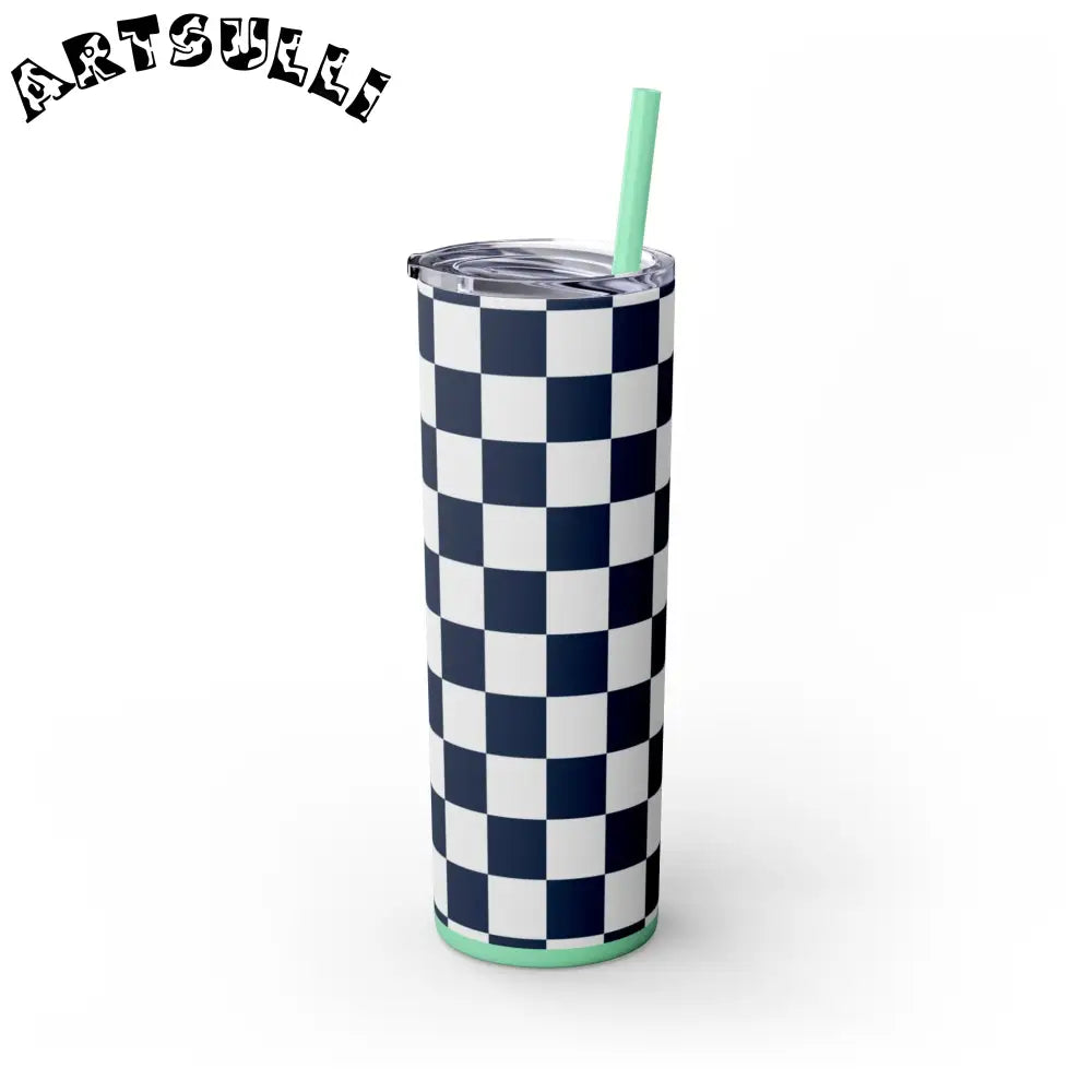 JAKKOUTTHEBXX Checkerboard White and Navy Blue Skinny Tumbler