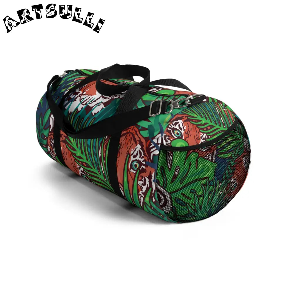 JAKKOUTTHEBXX Tropical Jungle Tigers Blue and Green Duffel Bag