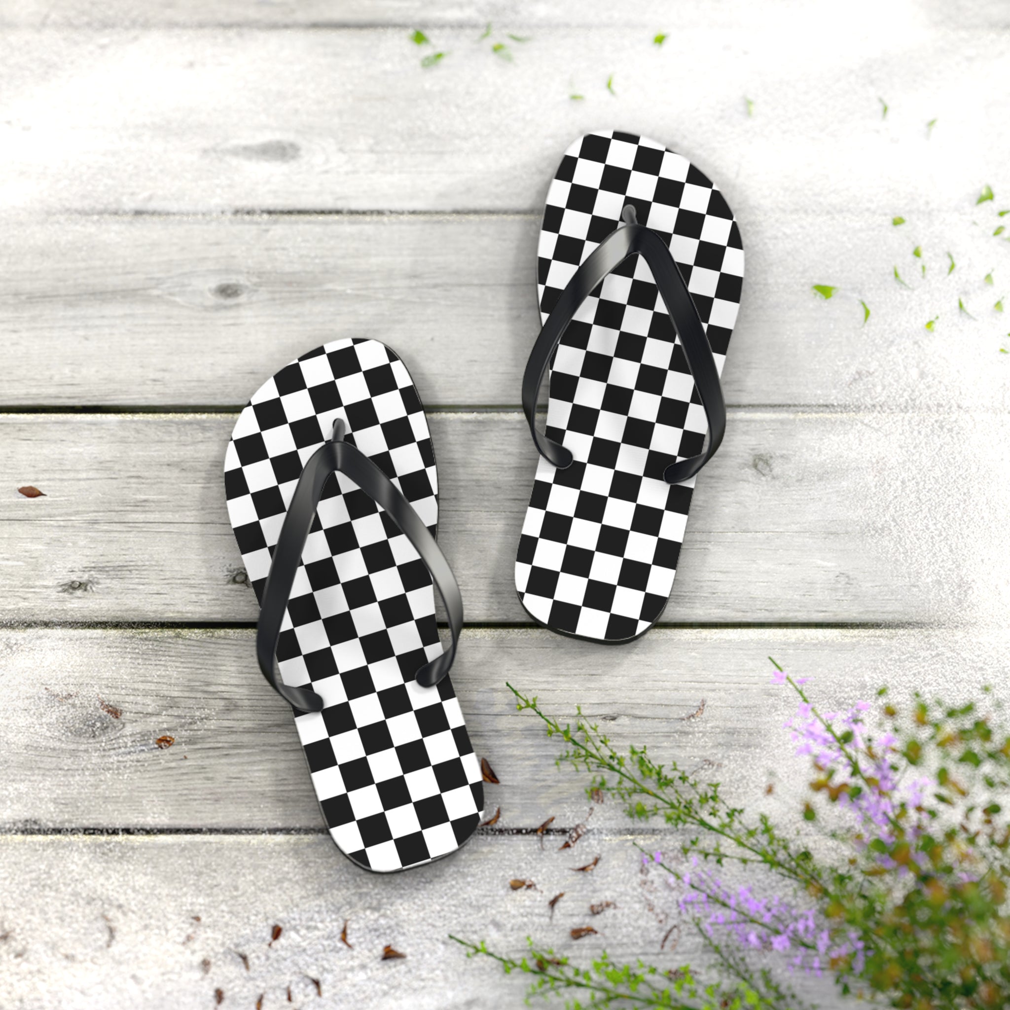 Checkerboard White and Black Flip Flops, Artsulli - Art is Long, Life is Short, Shoes, , , , , , , 