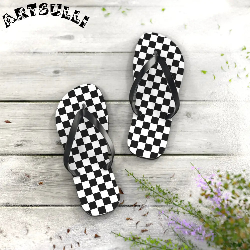 JAKKOUTTHEBXX Checkerboard White and Black Flip Flops JAKKOUTTHEBXX
