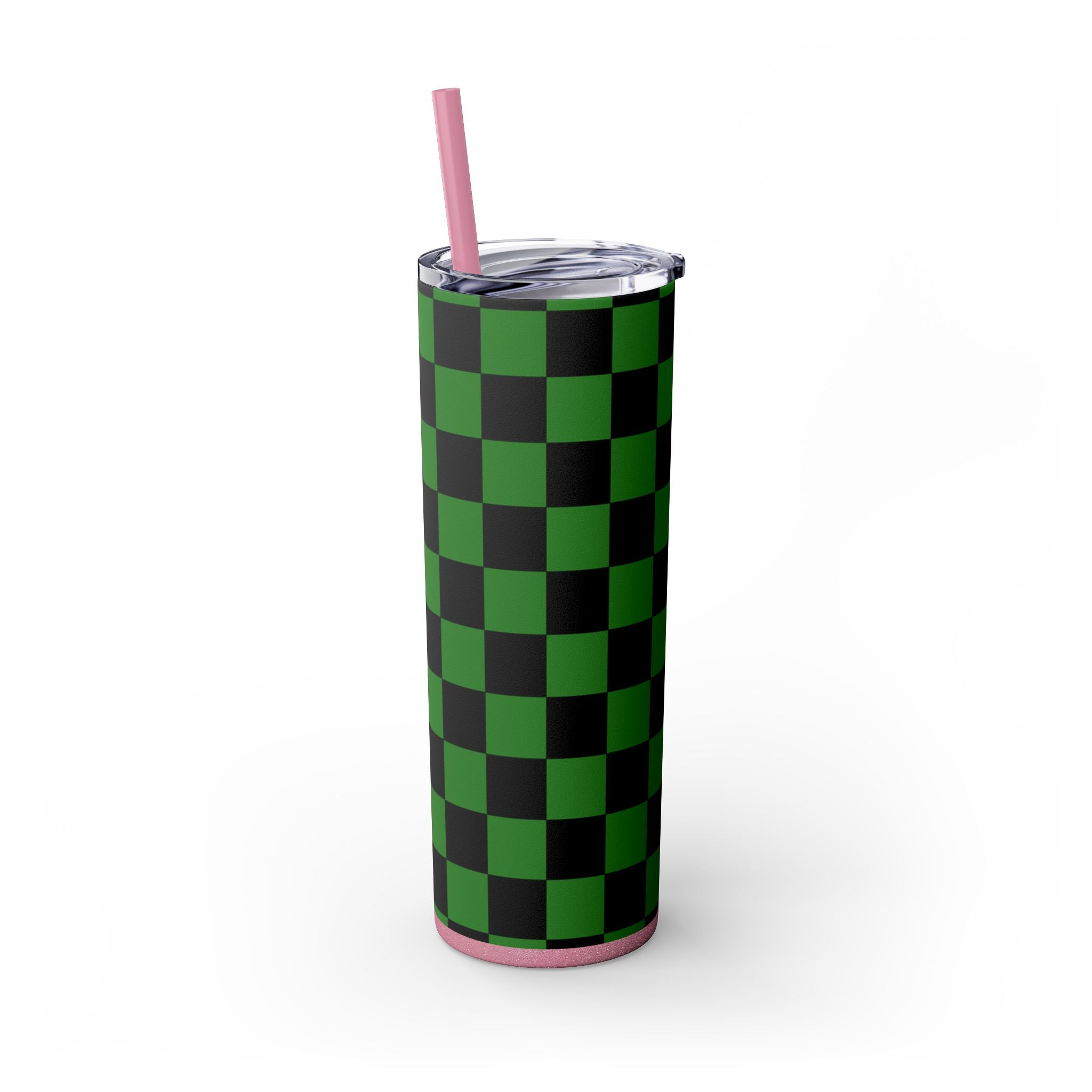 Checkerboard Green and Black Skinny Tumbler with Straw, 20oz, Artsulli - Art is Long, Life is Short, Mug, , , , , , , 