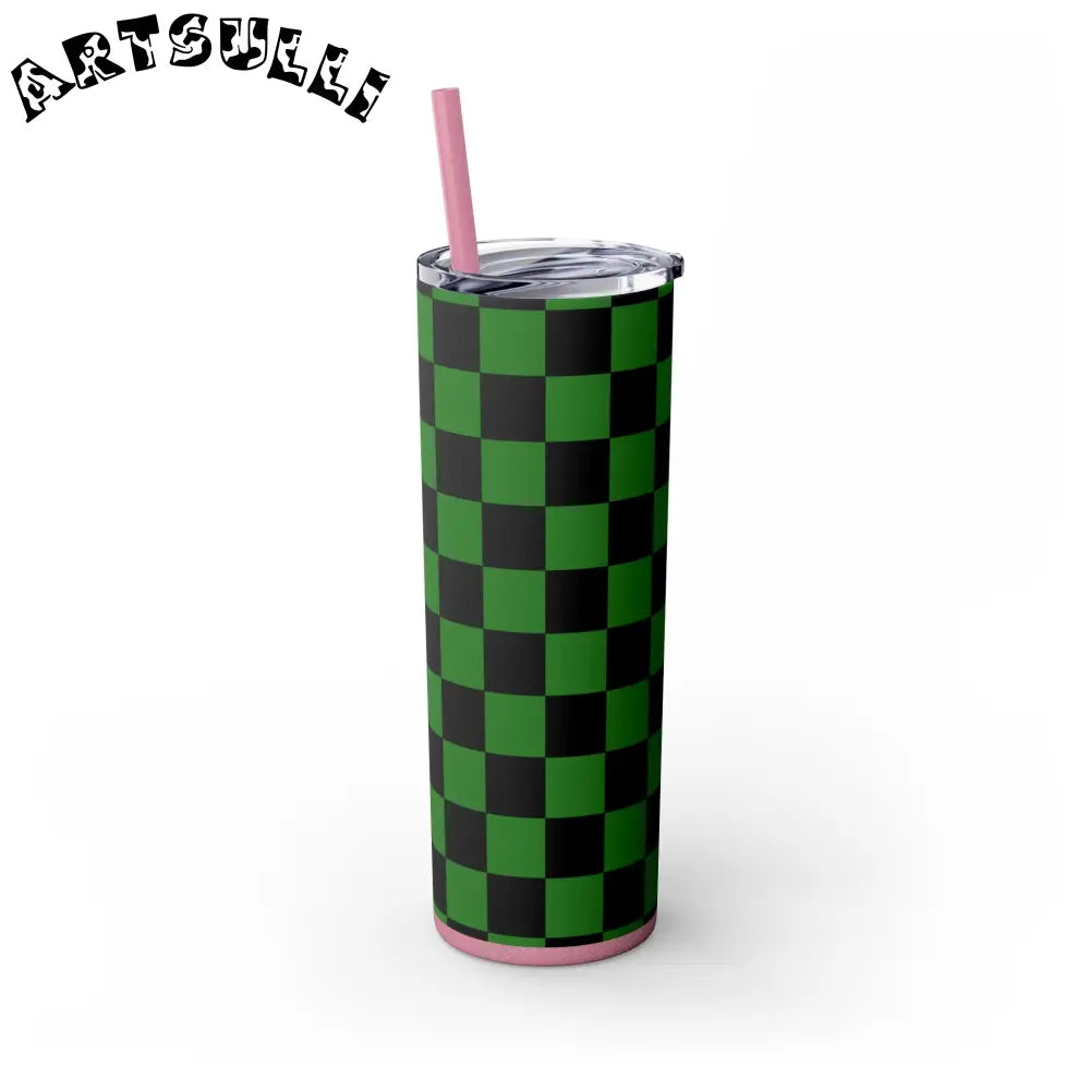 JAKKOUTTHEBXX Checkerboard Green and Black Skinny Tumbler with Straw