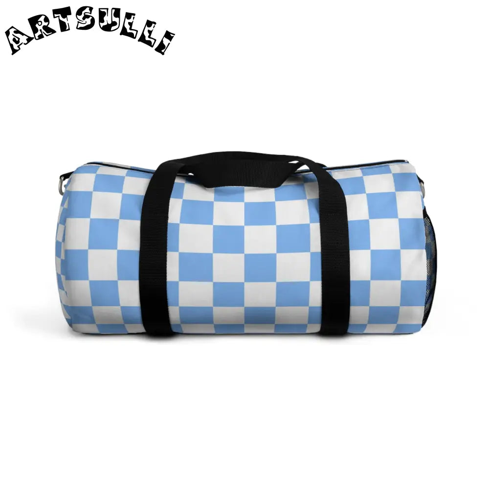 JAKKOUTTHEBXX Checkerboard White and Light Blue Duffel Bag