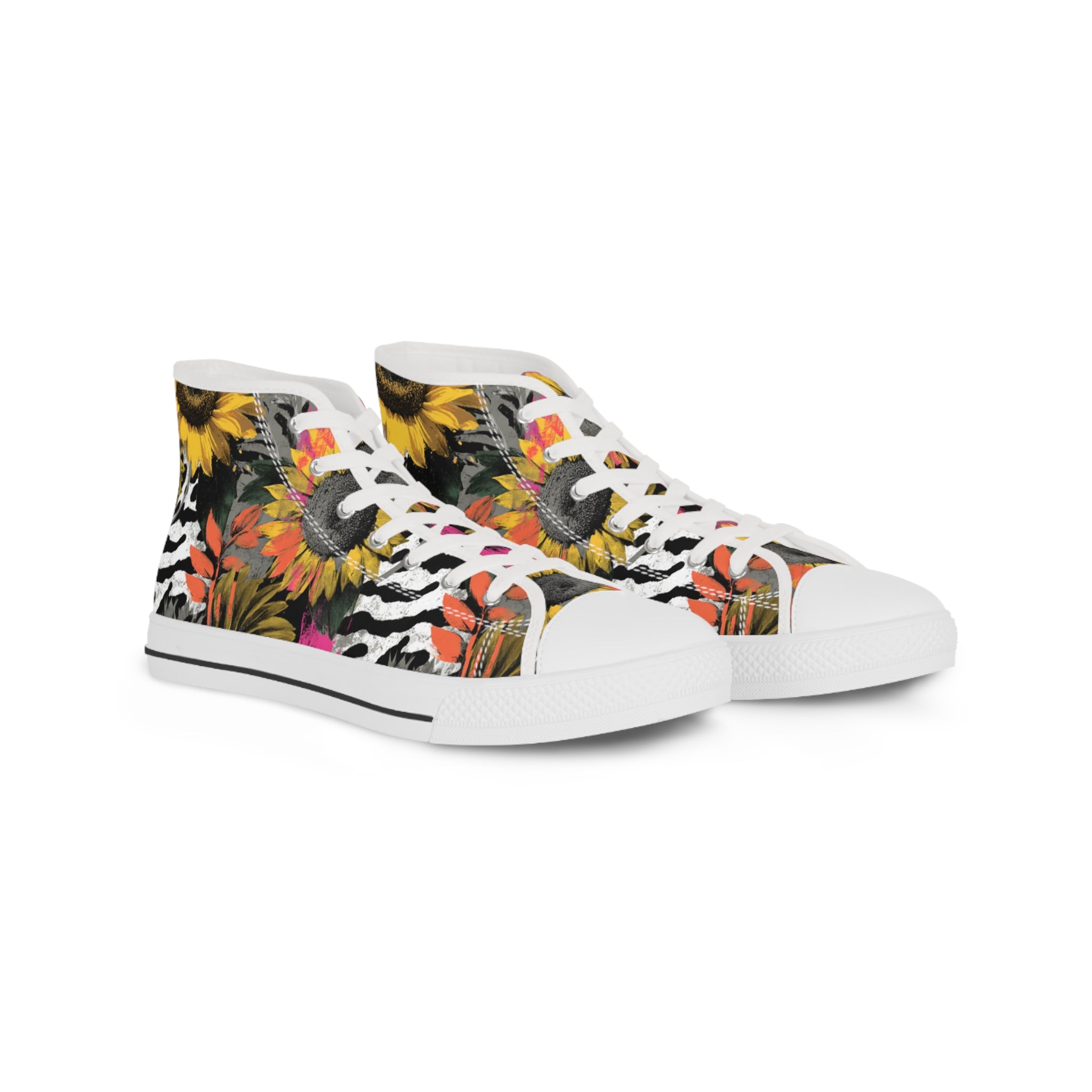 Zebra Stripes x Sunflowers Multi-Color Men's High Top Sneakers, Artsulli - Art is Long, Life is Short, Shoes, Size, US 5, Color, White sole, , , 10564581684758132371