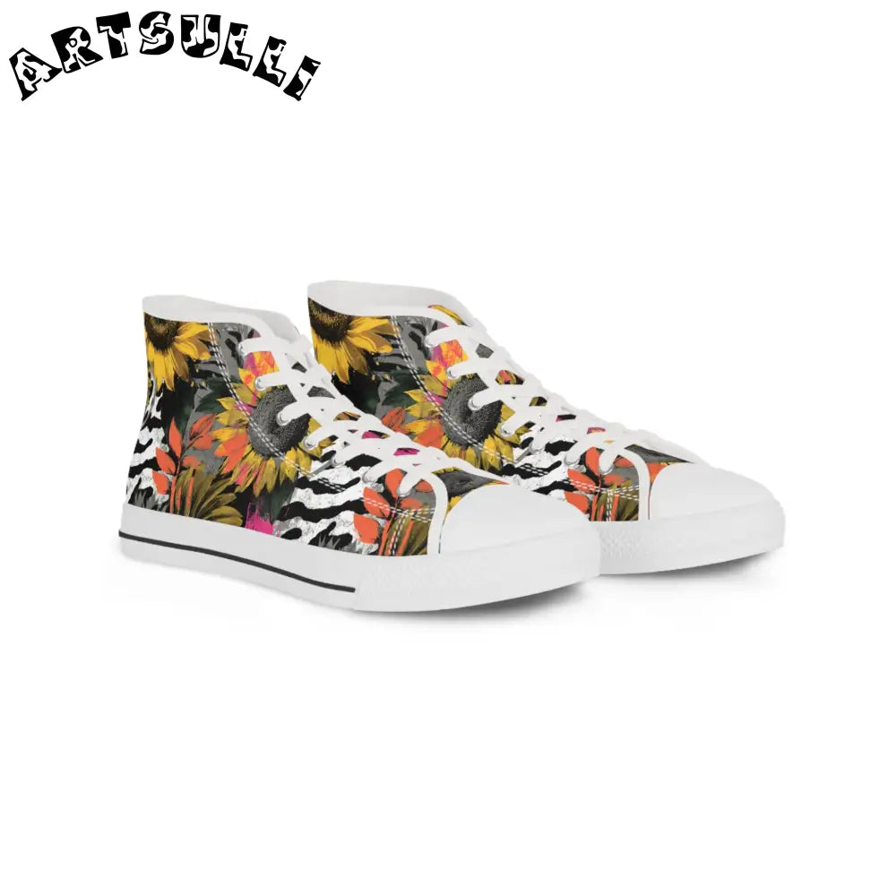 Zebra Stripes x Sunflowers Multi-Color Men's High Top Sneakers, Artsulli - Art is Long, Life is Short, Shoes, Size, US 5, Color, White sole, , , 10564581684758132371