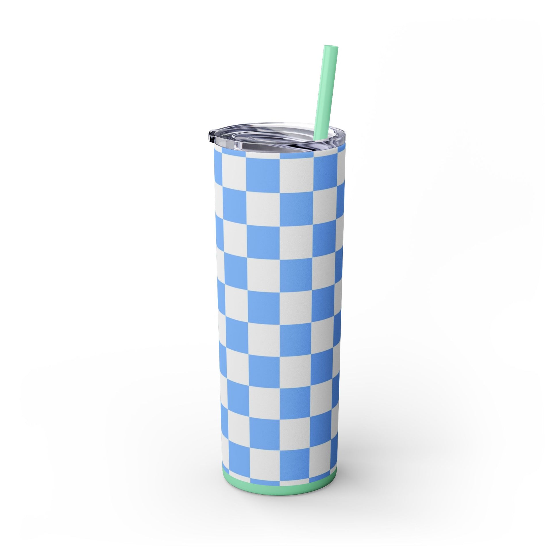 Checkerboard White and Light Blue Skinny Tumbler with Straw, 20oz, Artsulli - Art is Long, Life is Short, Mug, , , , , , , 