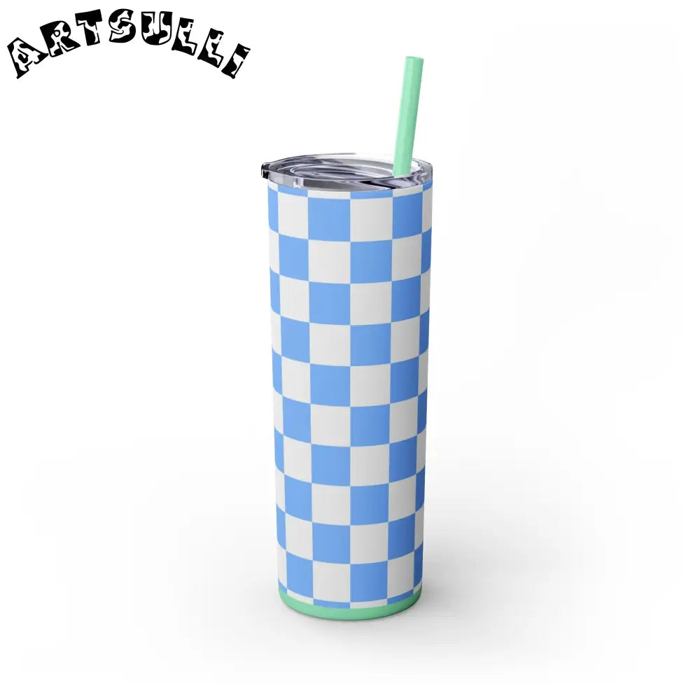 JAKKOUTTHEBXX Checkerboard White and Light Blue Skinny Tumbler