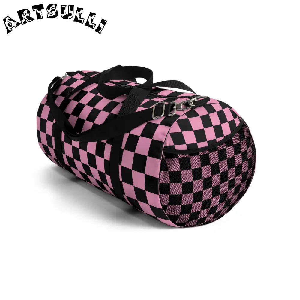 JAKKOUTTHEBXX Checkerboard II Black and Pink Duffel Bag