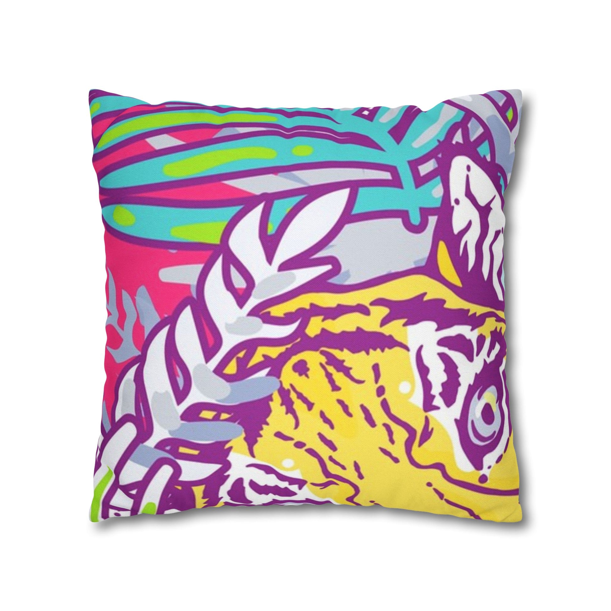 Tropical Floral Tigers Torquise and Purple Spun Polyester Square Pillowcase, Artsulli - Art is Long, Life is Short, Home Decor, , , , , , , 