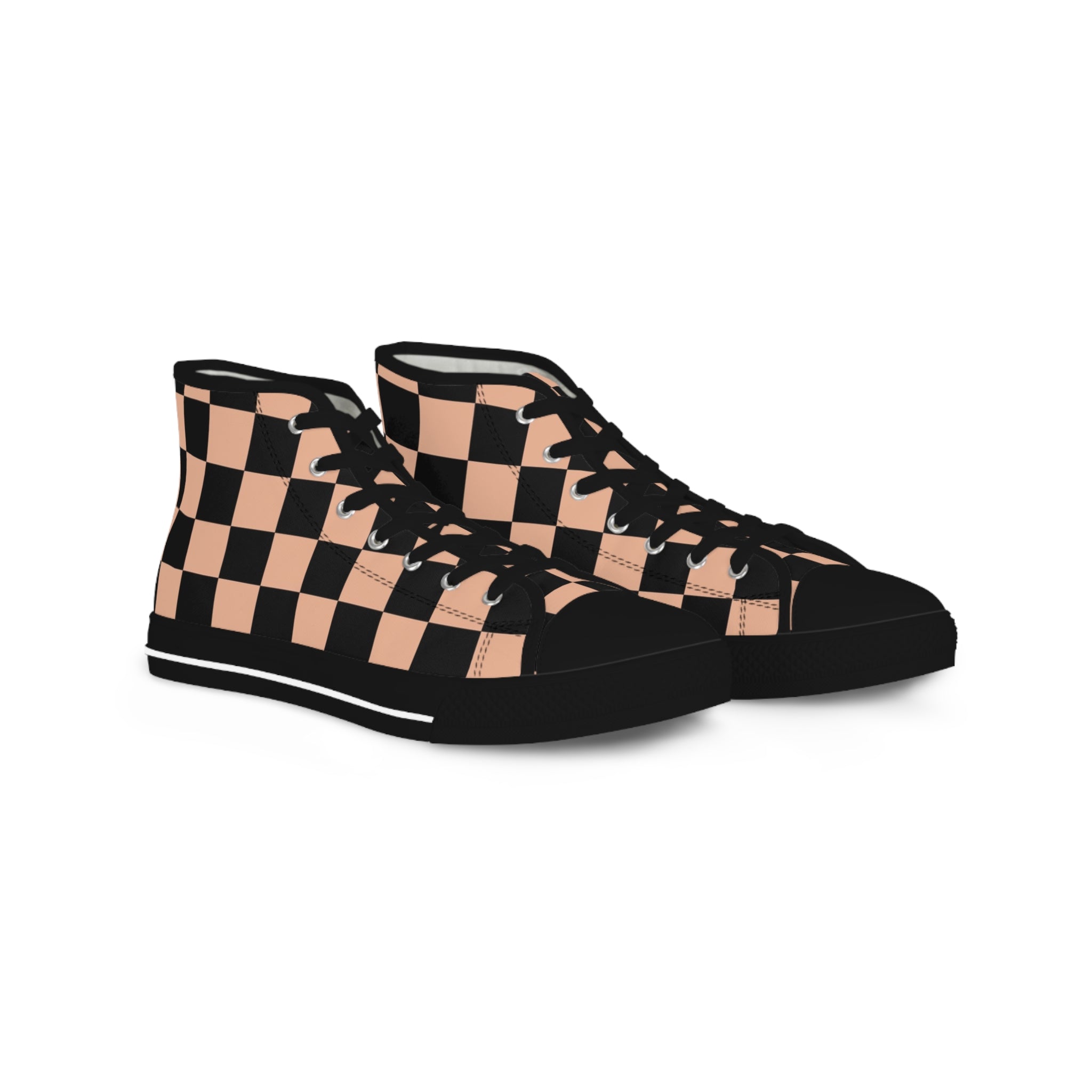 Checkerboard Soft Orange and Black Men's High Top Sneakers, Artsulli - Art is Long, Life is Short, Shoes, Size, US 5, Color, Black sole, , , 20561621526782330538