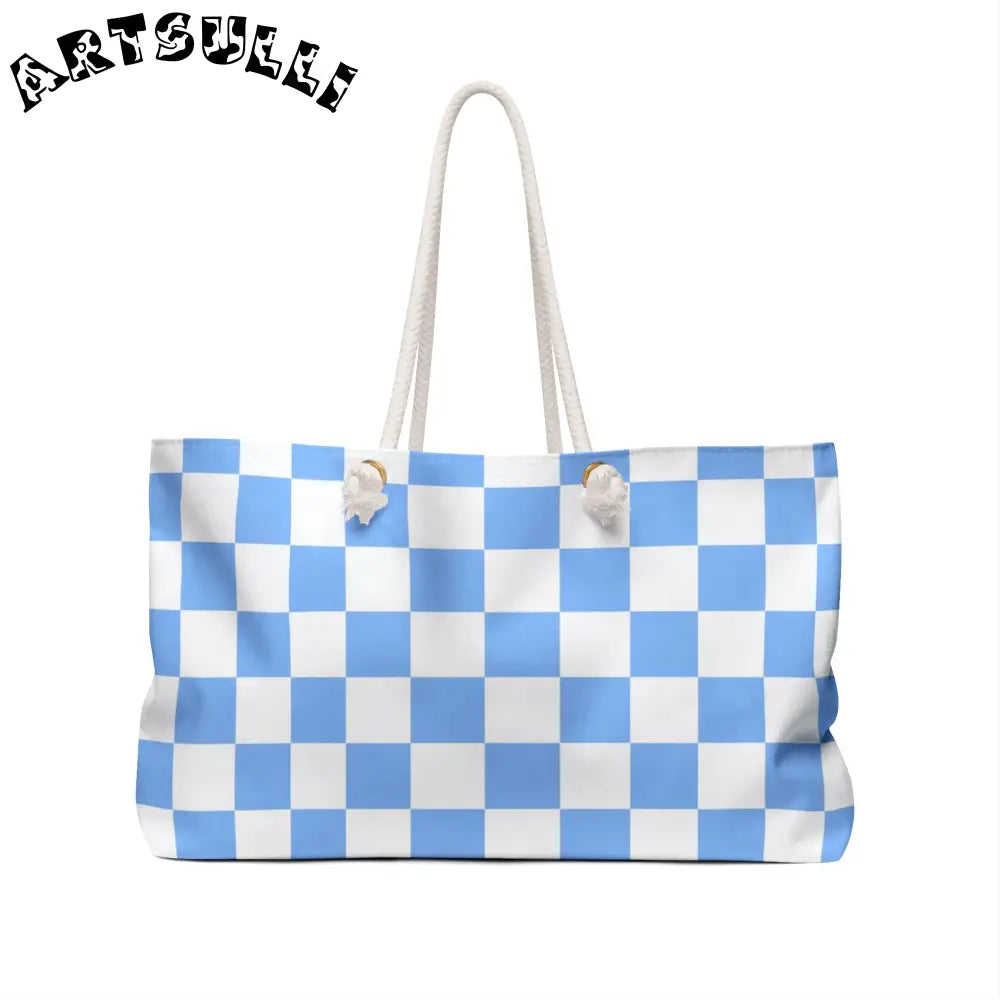 JAKKOUTTHEBXX Checkerboard White and Light Blue Weekender Bag