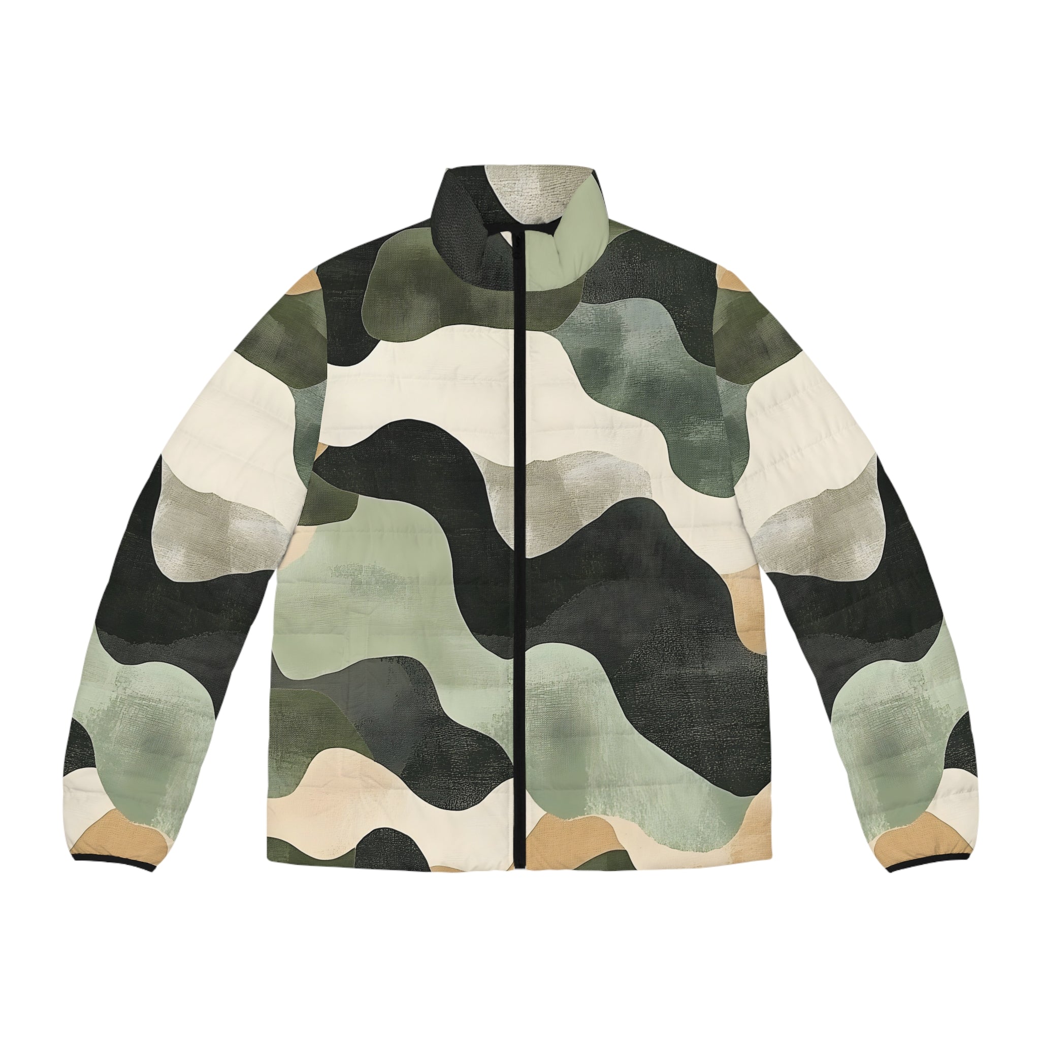 Focusing on Camouflage and Mystery Men's Puffer Jacket (AOP), Artsulli - Art is Long, Life is Short, All Over Prints, Size, S, Color, Black zipper, , , 14768409927662075987
