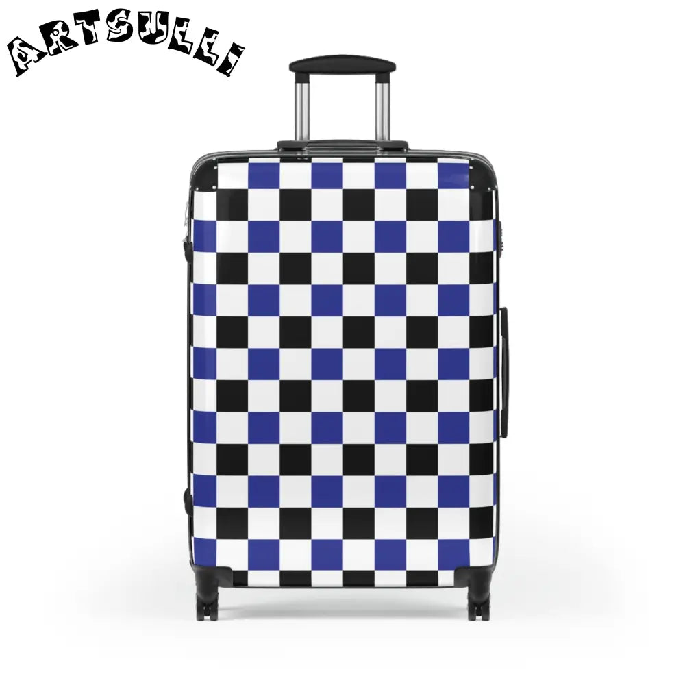 JAKKOUTTHEBXX Checkerboard Blue White and Black Suitcase