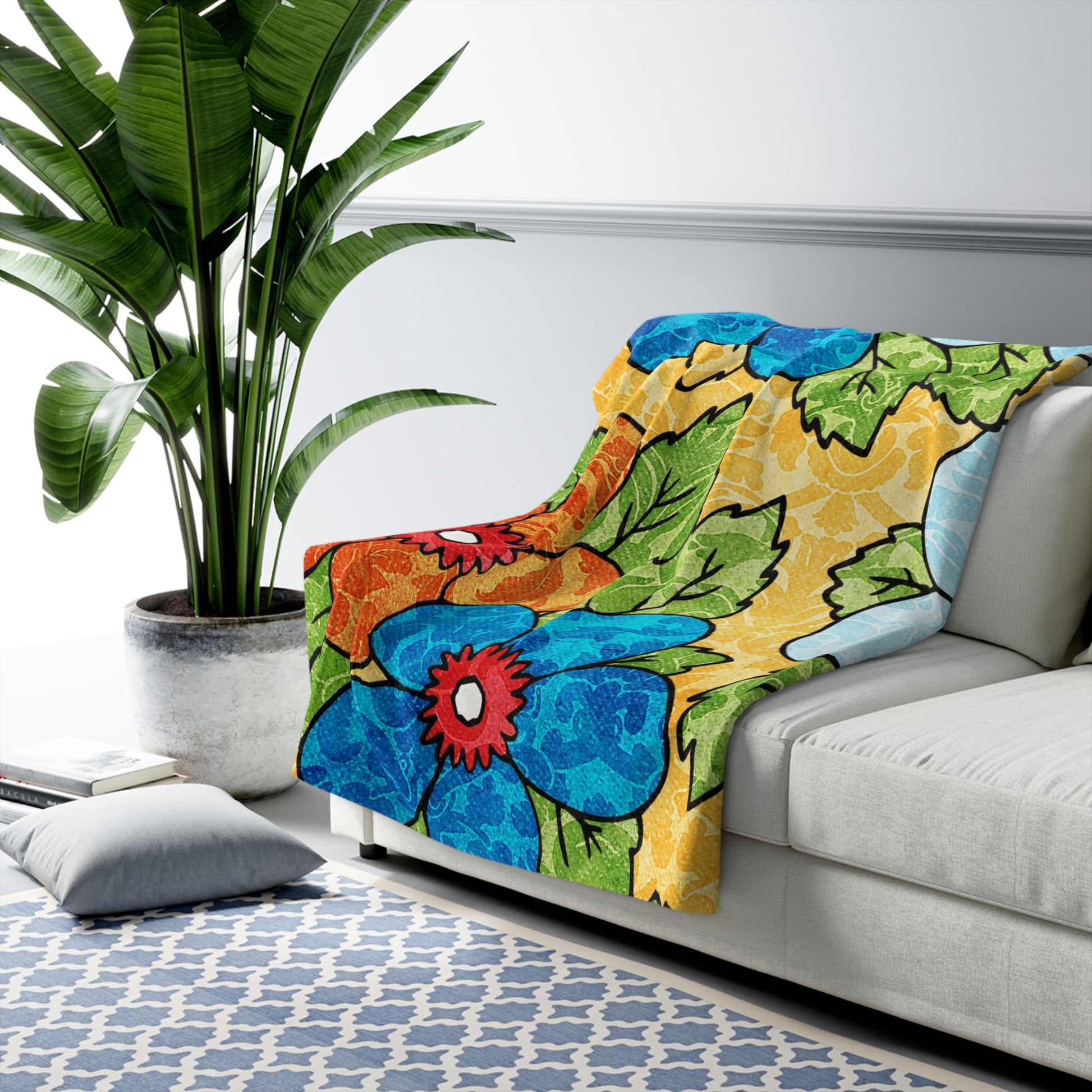 Groovy Yellow Floral Kl Sherpa Fleece Blanket, Artsulli - Art is Long, Life is Short, Home Decor, , , , , , , 