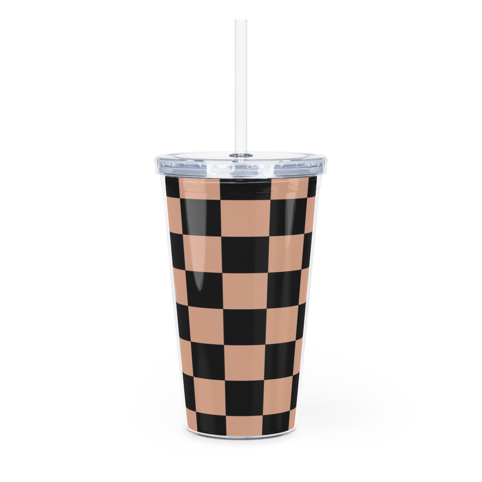 Checkerboard Soft Orange and Black Plastic Tumbler with Straw, Artsulli - Art is Long, Life is Short, Mug, , , , , , , 