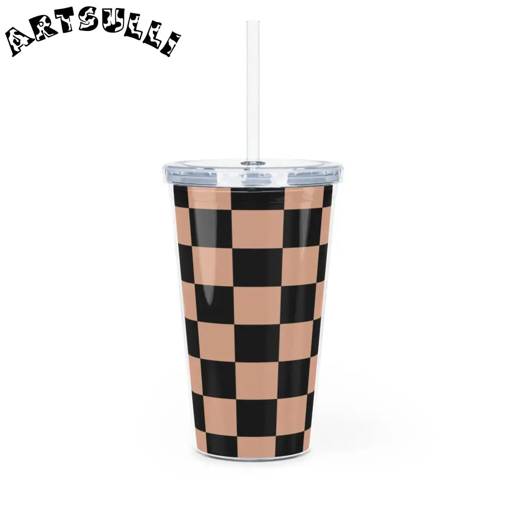 JAKKOUTTHEBXX Checkerboard Soft Orange and Black Plastic Tumbler
