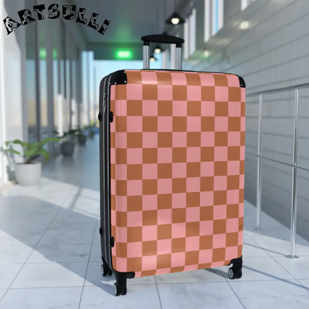 JAKKOUTTHEBXX Pink Checkerboard Art Printed Carry On Luggage 2025