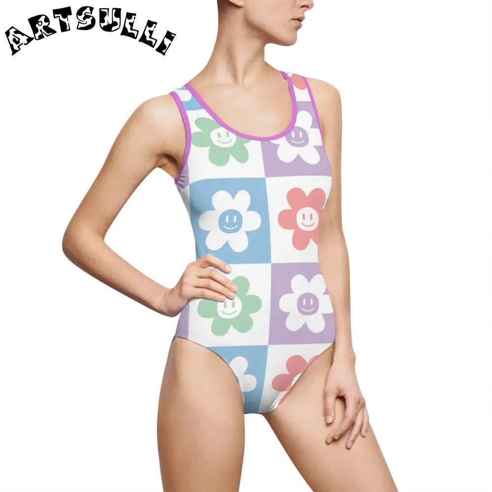JAKKOUTTHEBXX Checkered Smiley Flower Elastic Strap One Piece Swimsuit 2025