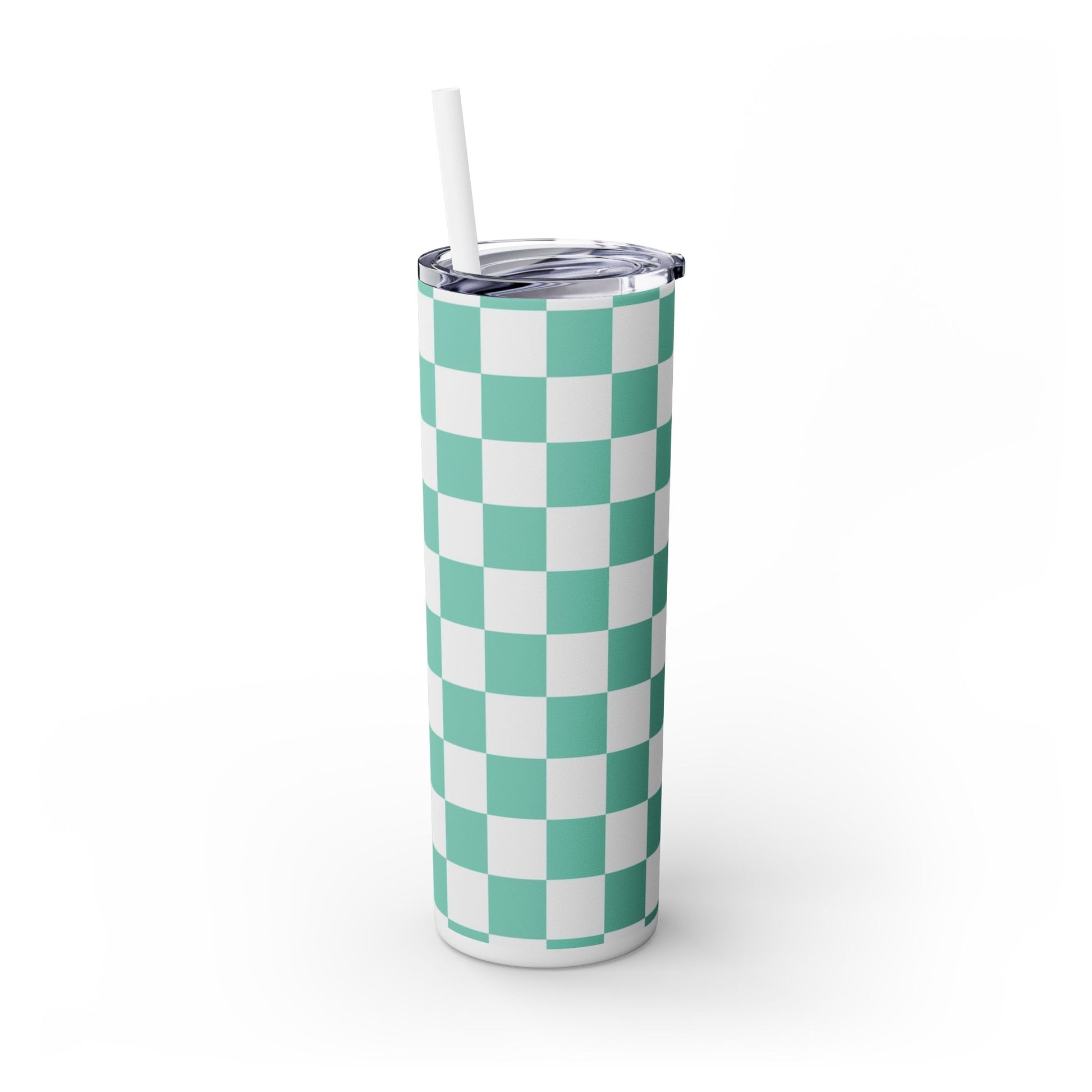 Checkerboard Light Green Skinny Tumbler with Straw, 20oz, Artsulli - Art is Long, Life is Short, Mug, , , , , , , 